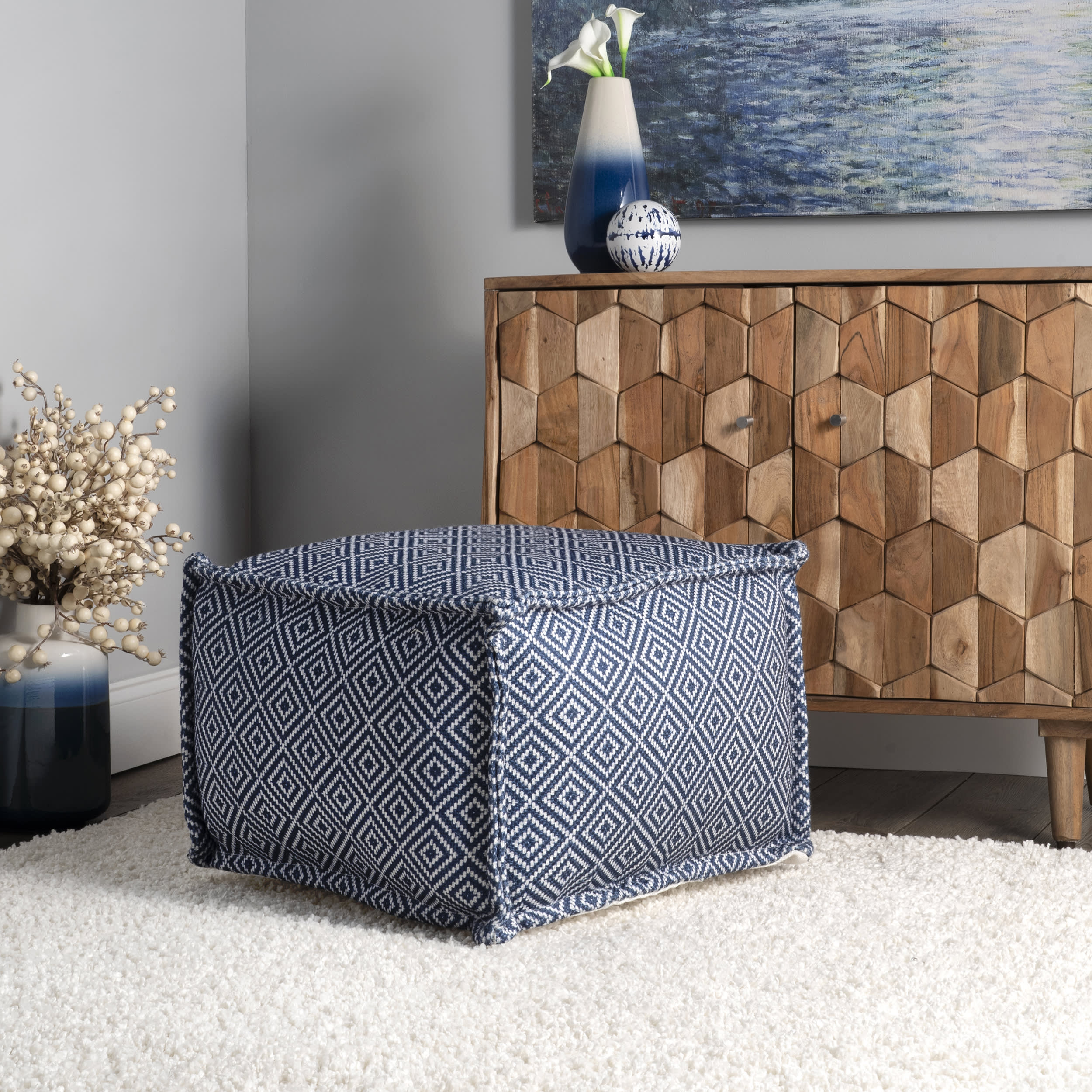 Printed Aztec Indoor/Outdoor Pouf | Blue - Image 2