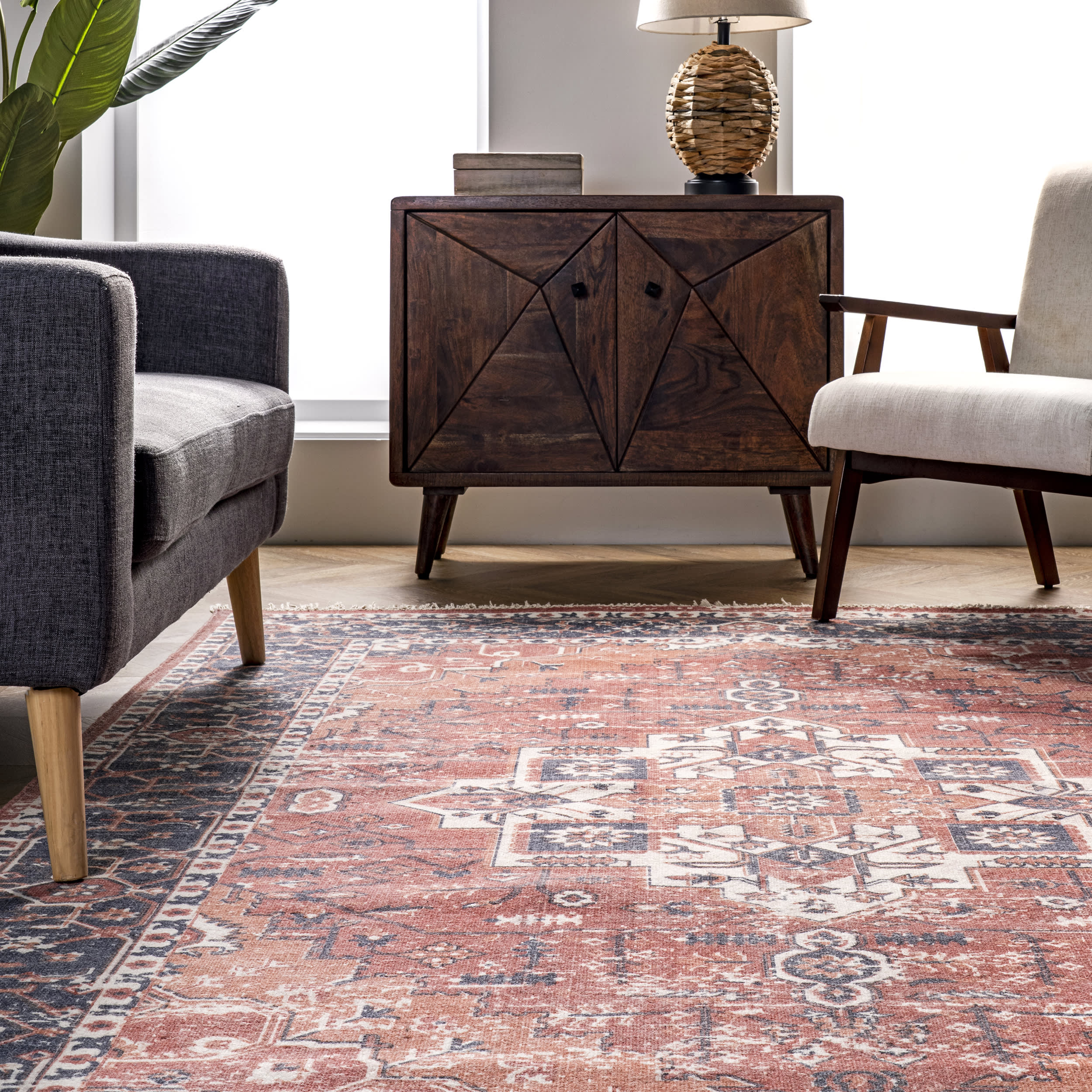 Printed Floral Medallion Tasseled Rug | Rust - Image 4