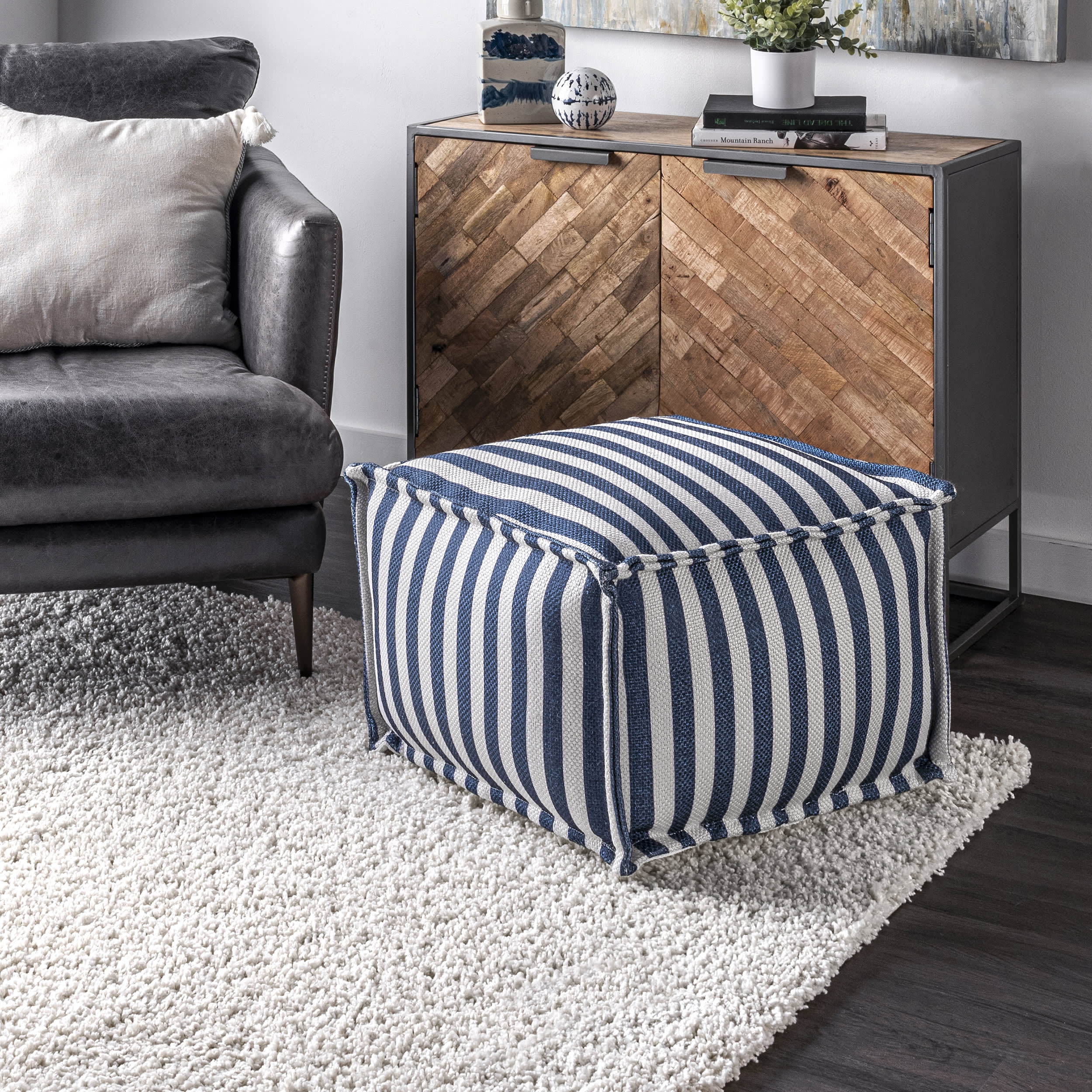 Printed Striped Indoor/Outdoor Pouf | Blue - Image 2