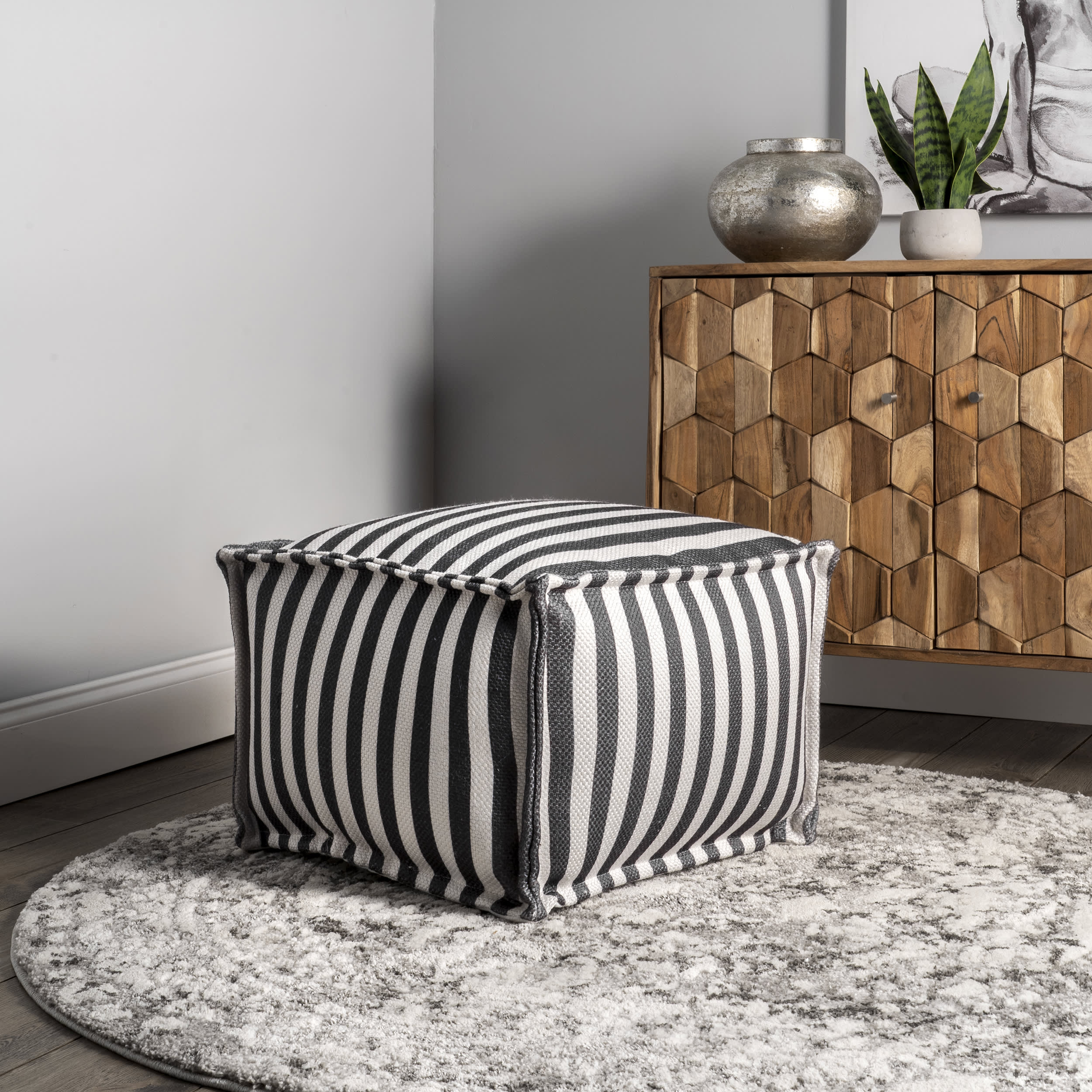 Printed Striped Indoor/Outdoor Pouf | Grey - Image 2