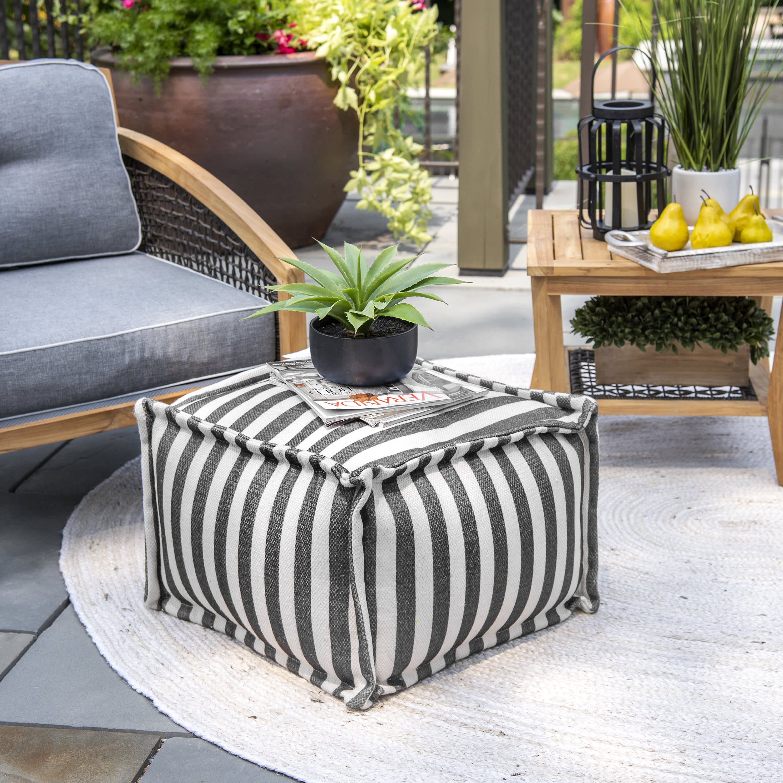 Printed Striped Indoor/Outdoor Pouf | Grey - Image 3