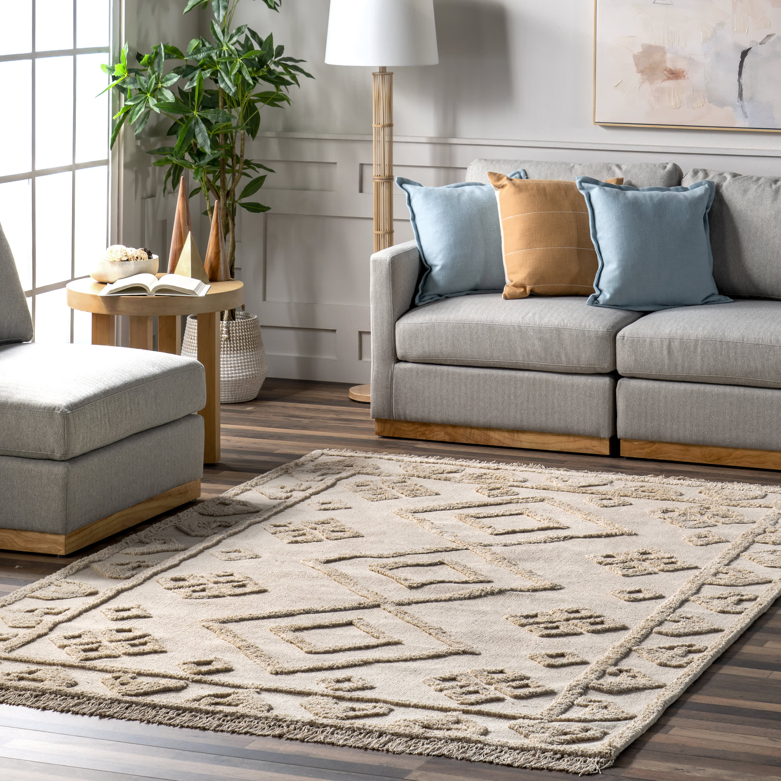 Rainie Monochrome Geometric Rug | Beige - Image 2