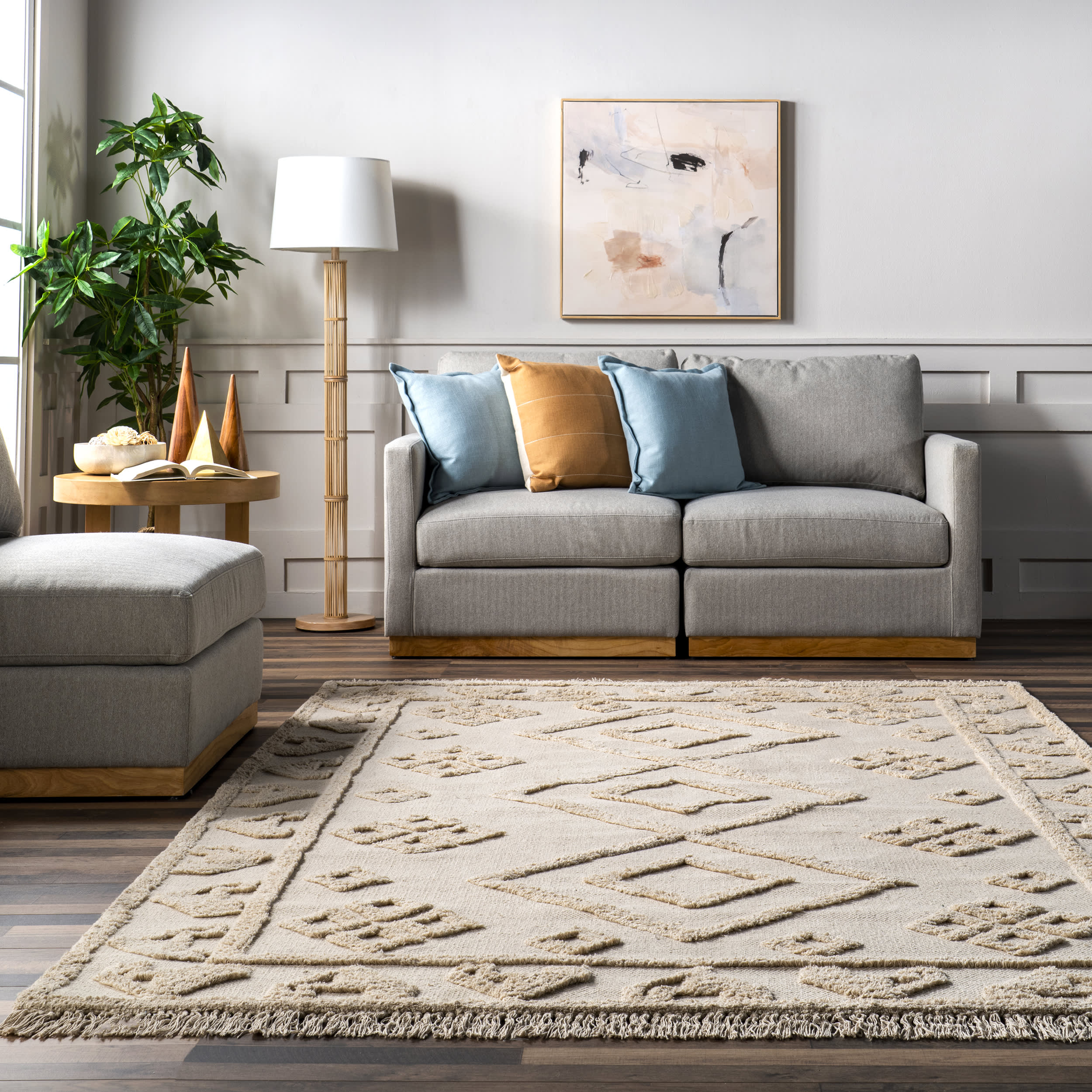 Rainie Monochrome Geometric Rug | Beige - Image 4