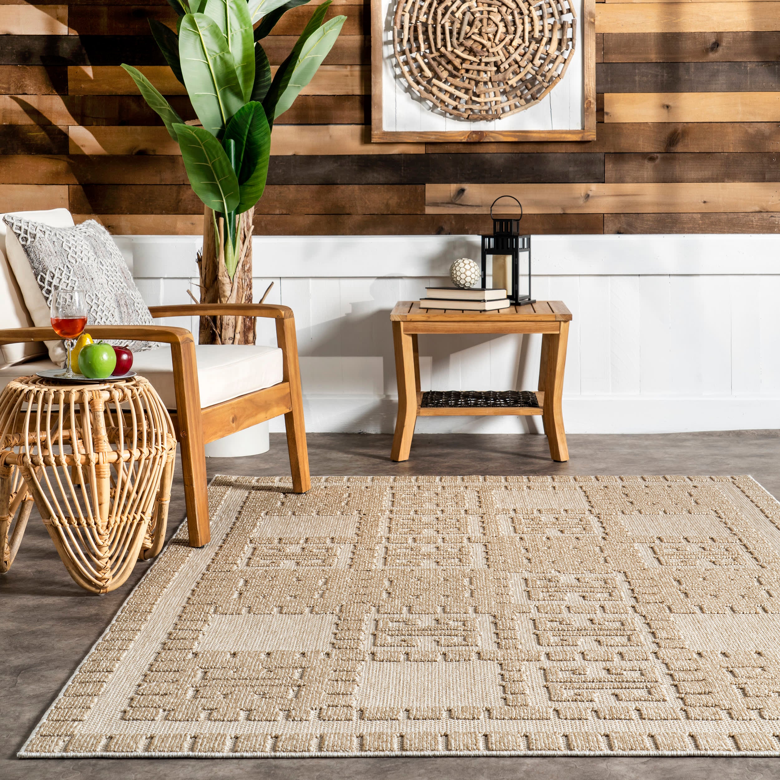 Regina Indoor/Outdoor Checkered Symbols Rug | Beige - Image 4