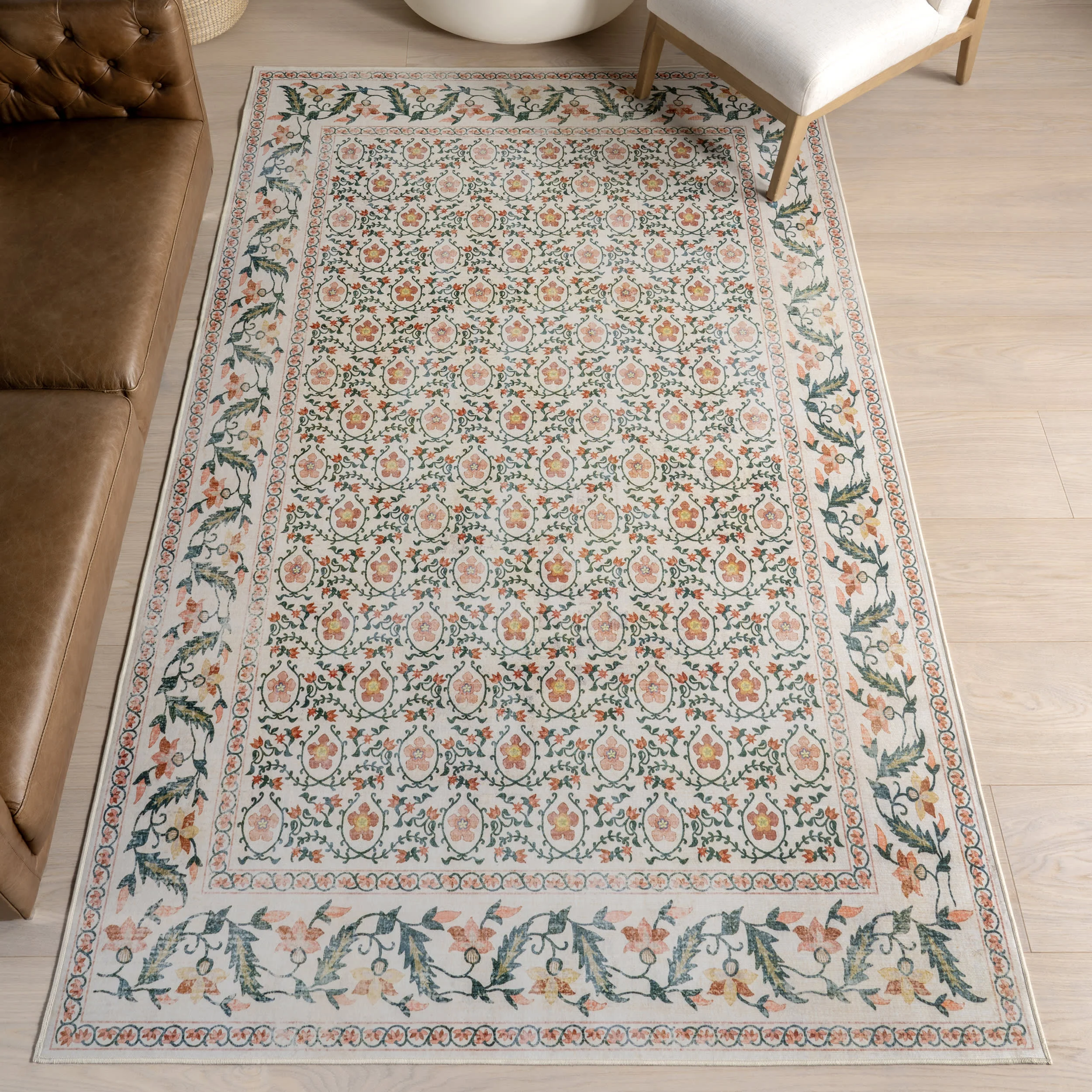 Riverside Floral Washable Rug | Ivory - Image 2