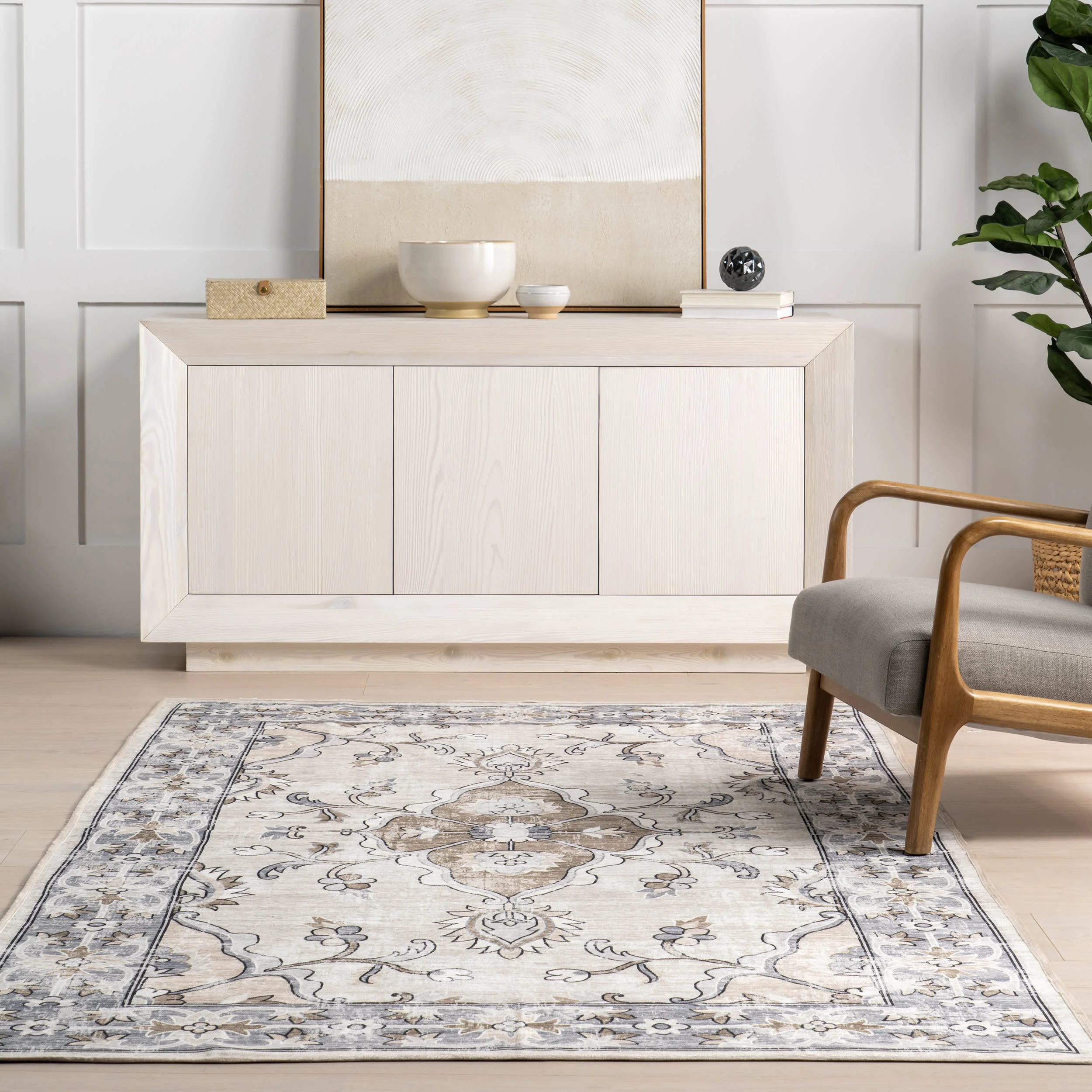 Riya Washable Floral Rug | Grey - Image 4
