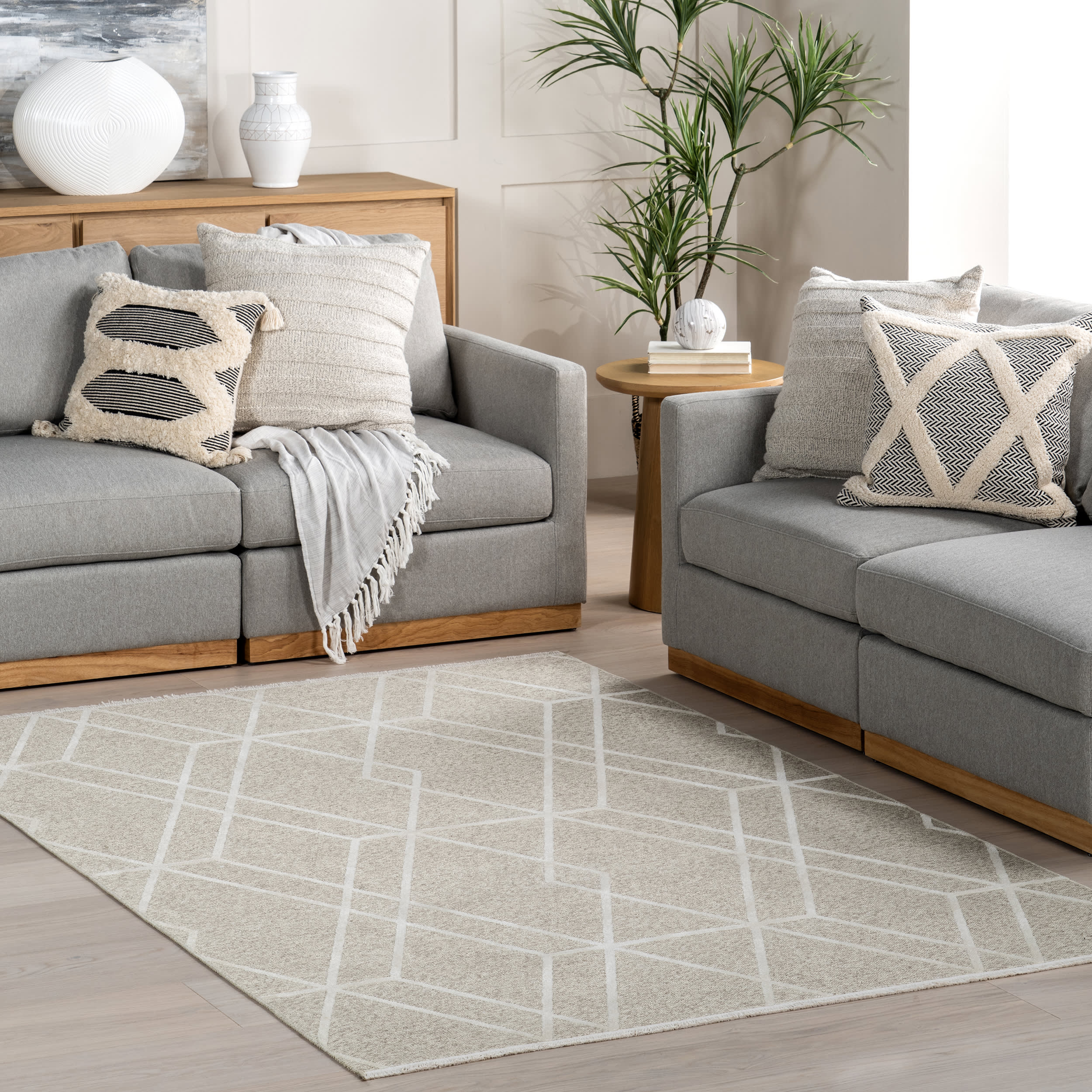 Rochelle Geometric Reversible Washable Rug | Beige - Image 9