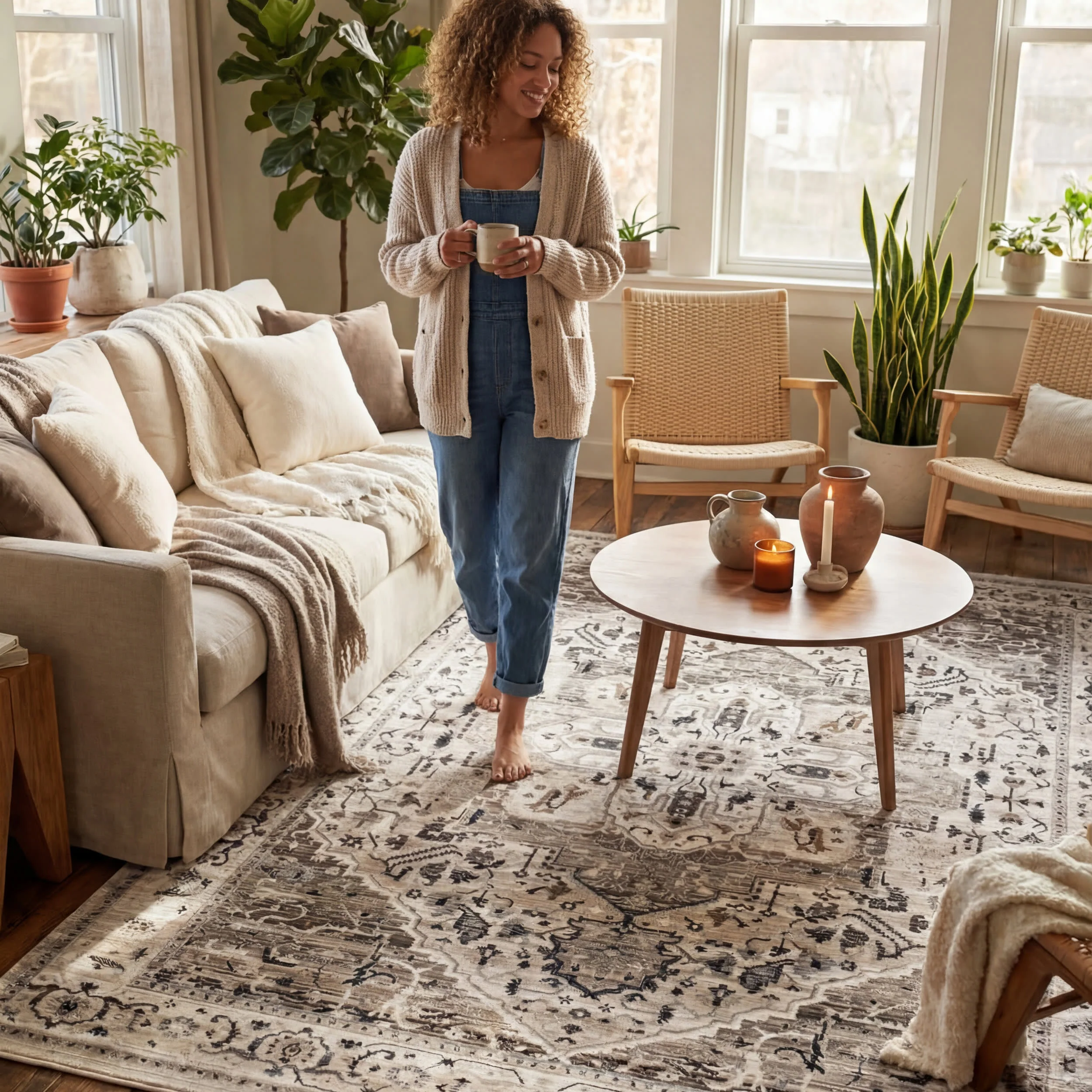 Rosette Medallion Fringed Rug | Beige - Image 7