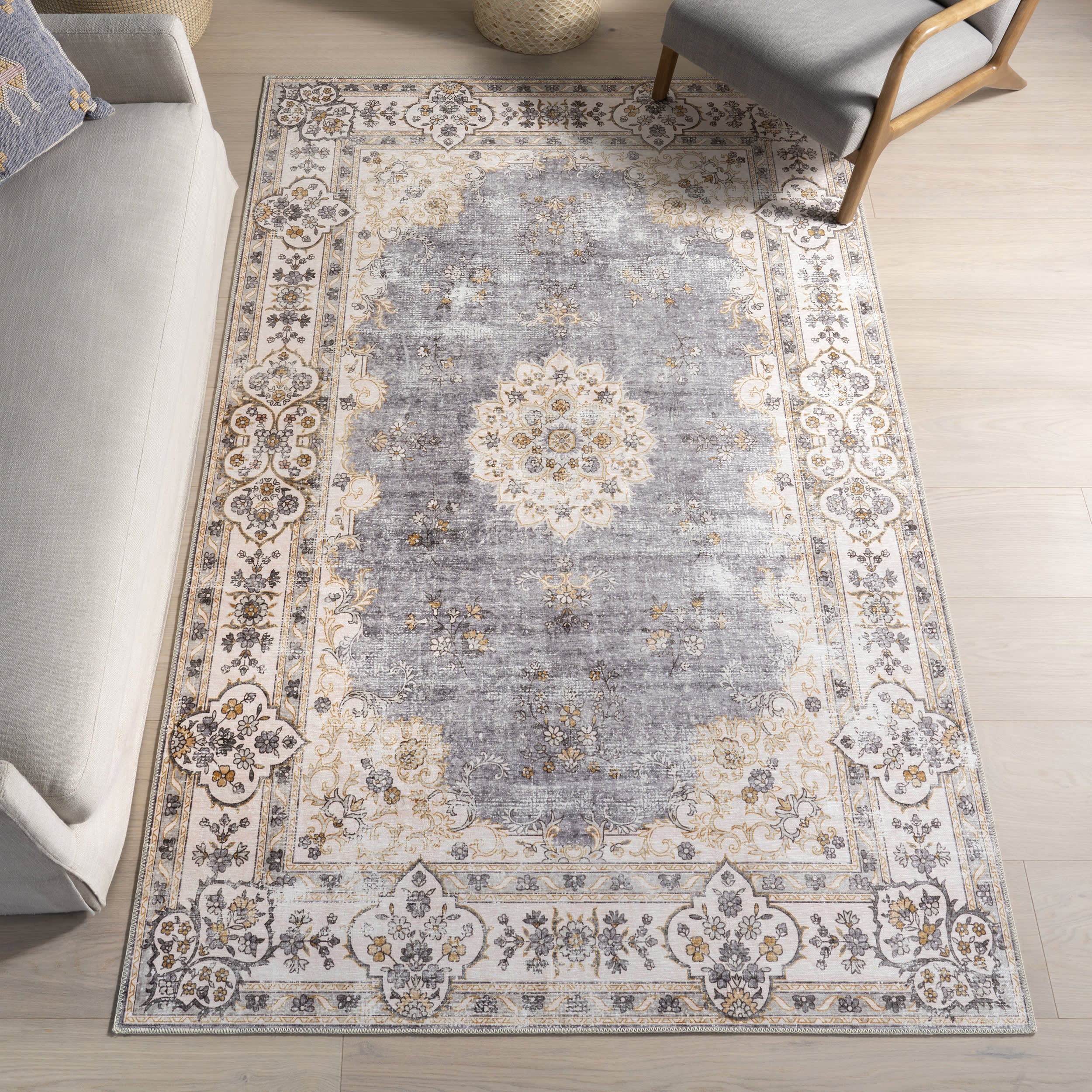 Rosette Medallion Spill Proof Washable Rug | Light Grey - Image 2