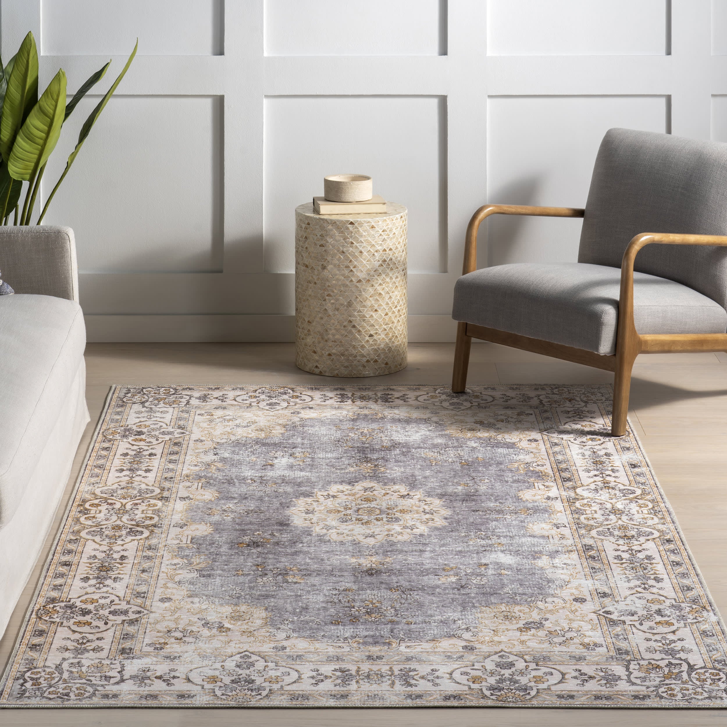 Rosette Medallion Spill Proof Washable Rug | Light Grey - Image 5