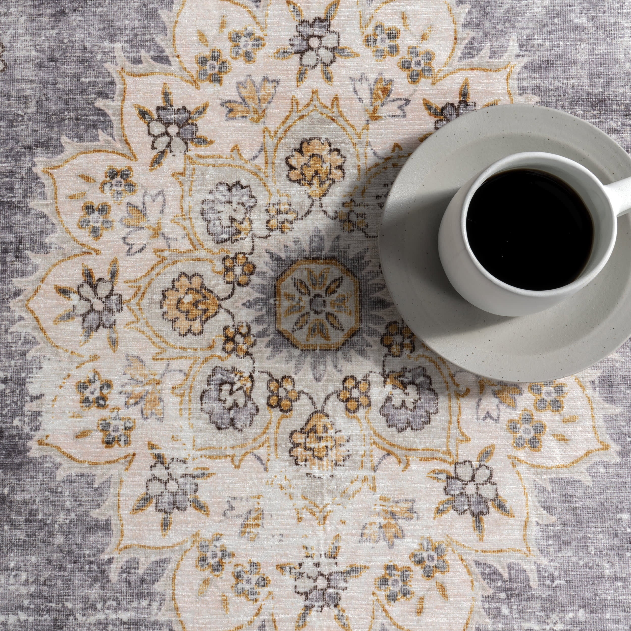 Rosette Medallion Spill Proof Washable Rug | Light Grey - Image 8