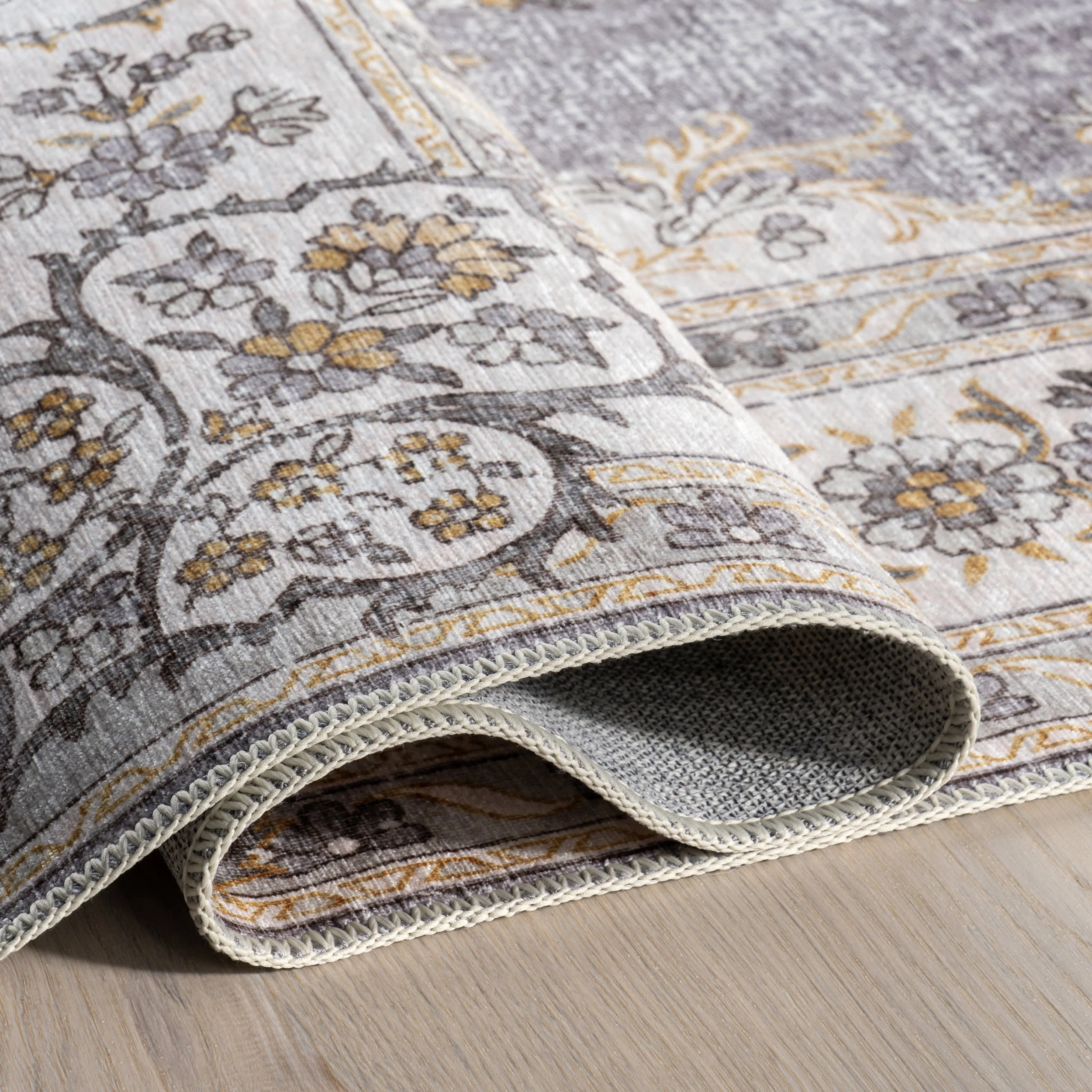 Rosette Medallion Spill Proof Washable Rug | Light Grey - Image 9