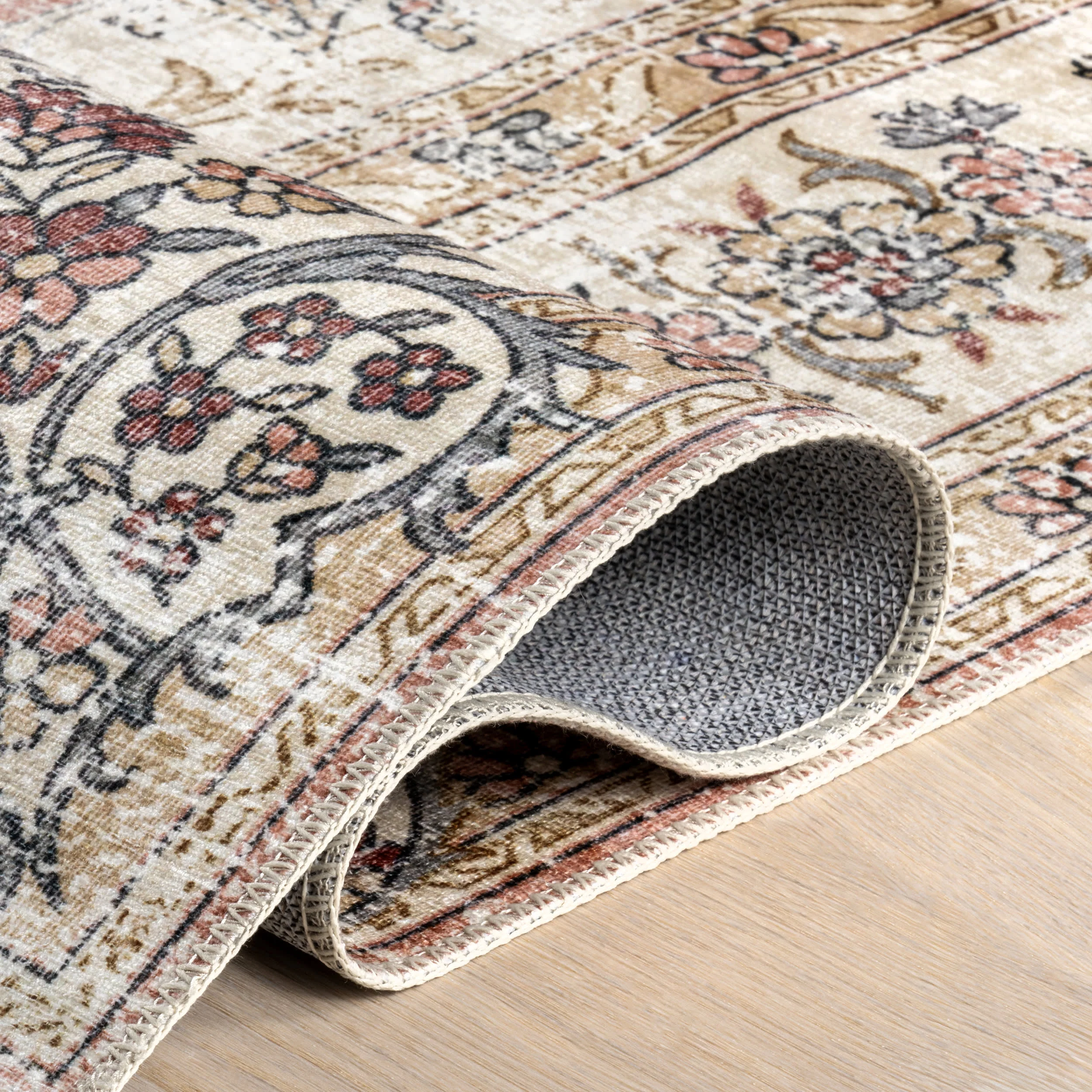 Rosette Medallion Spill Proof Washable Rug | Peach - Image 10