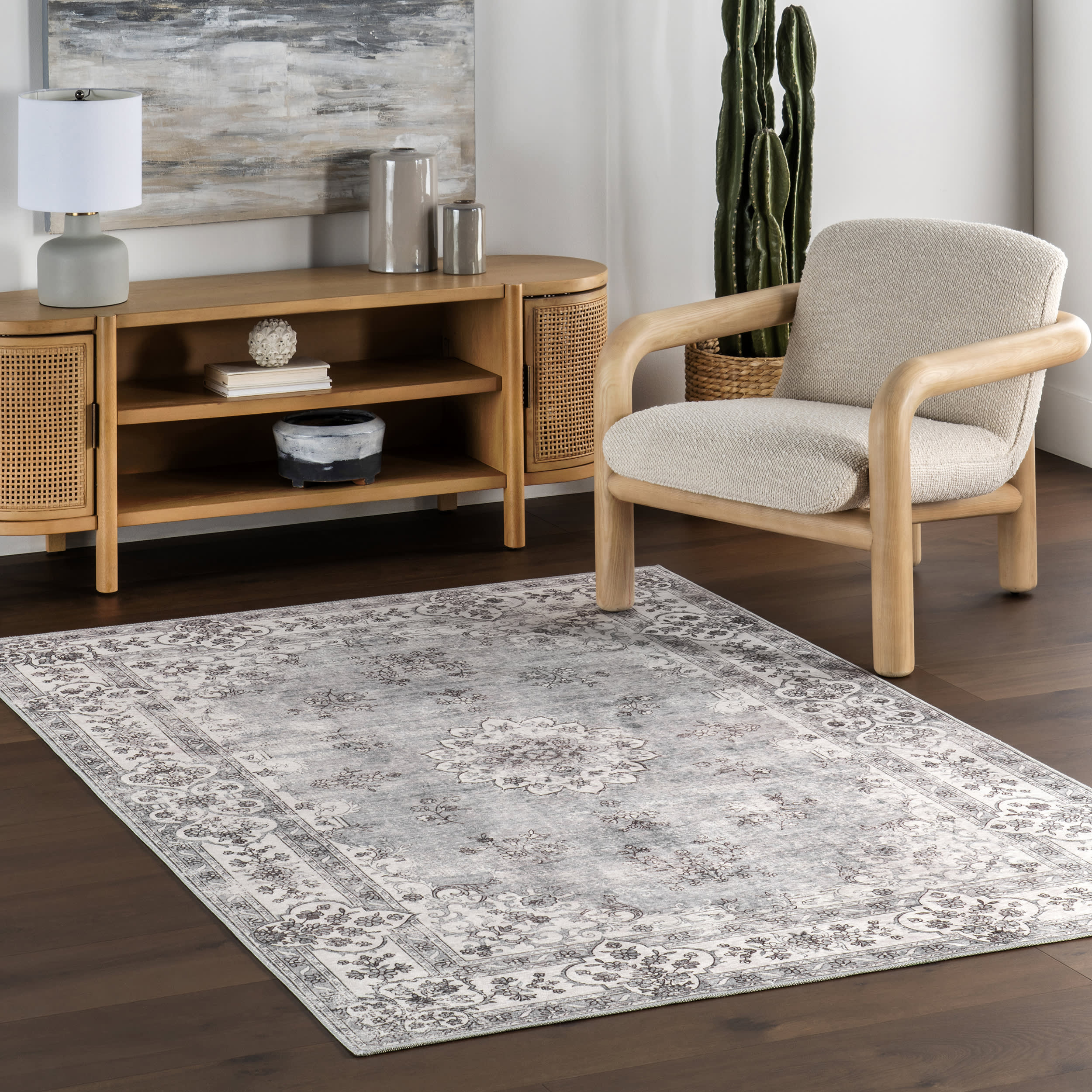 Rosette Medallion Spill Proof Washable Rug | Stone - Image 2