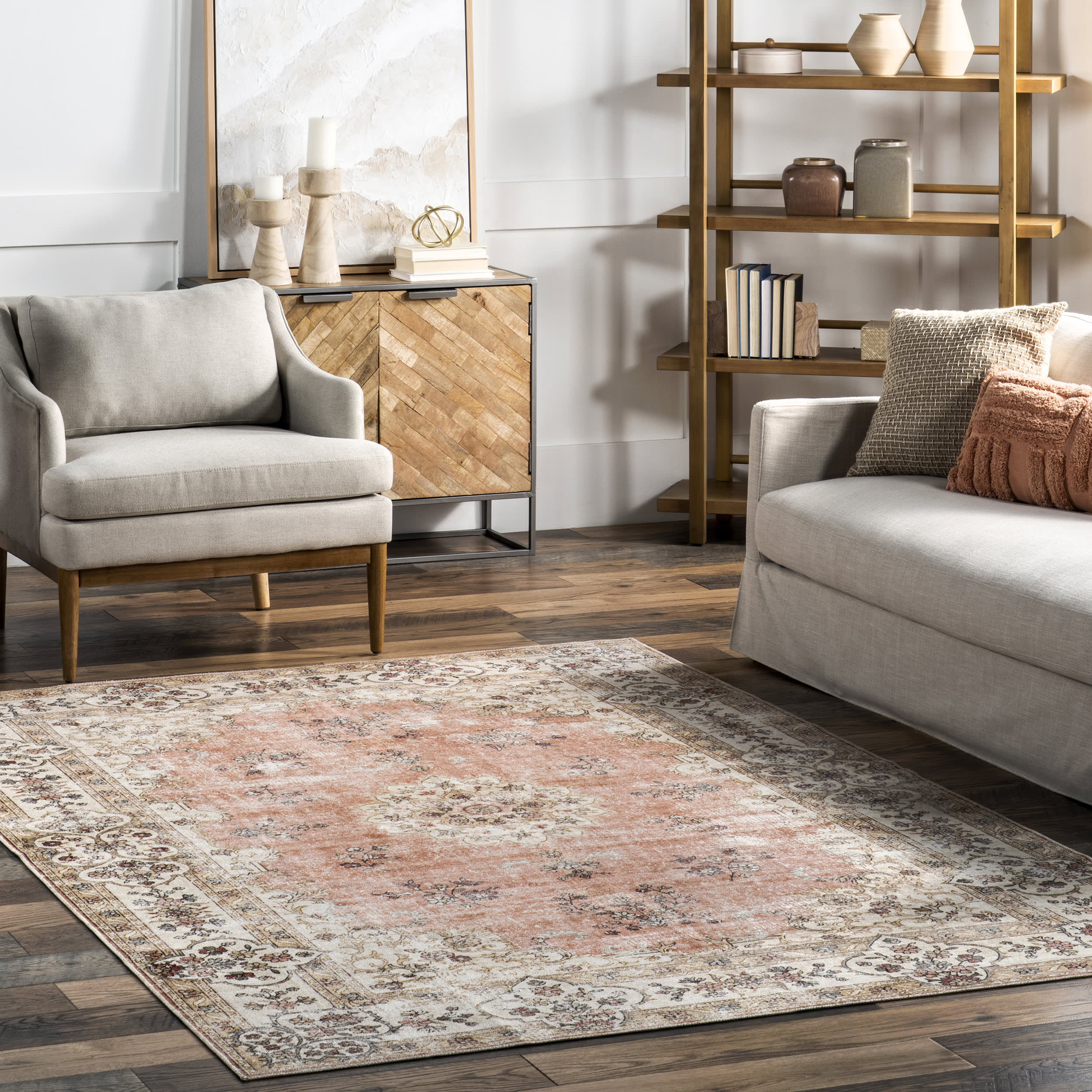 Rosette Medallion Washable Rug | Peach - Image 2