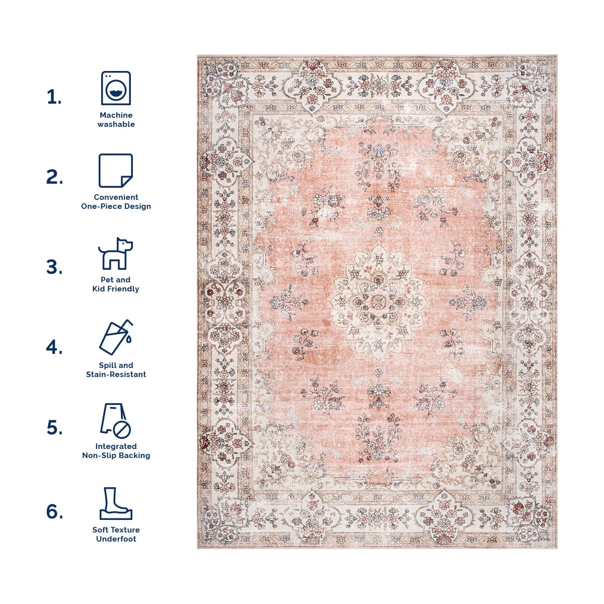 Rosette Medallion Washable Rug | Peach - Image 6