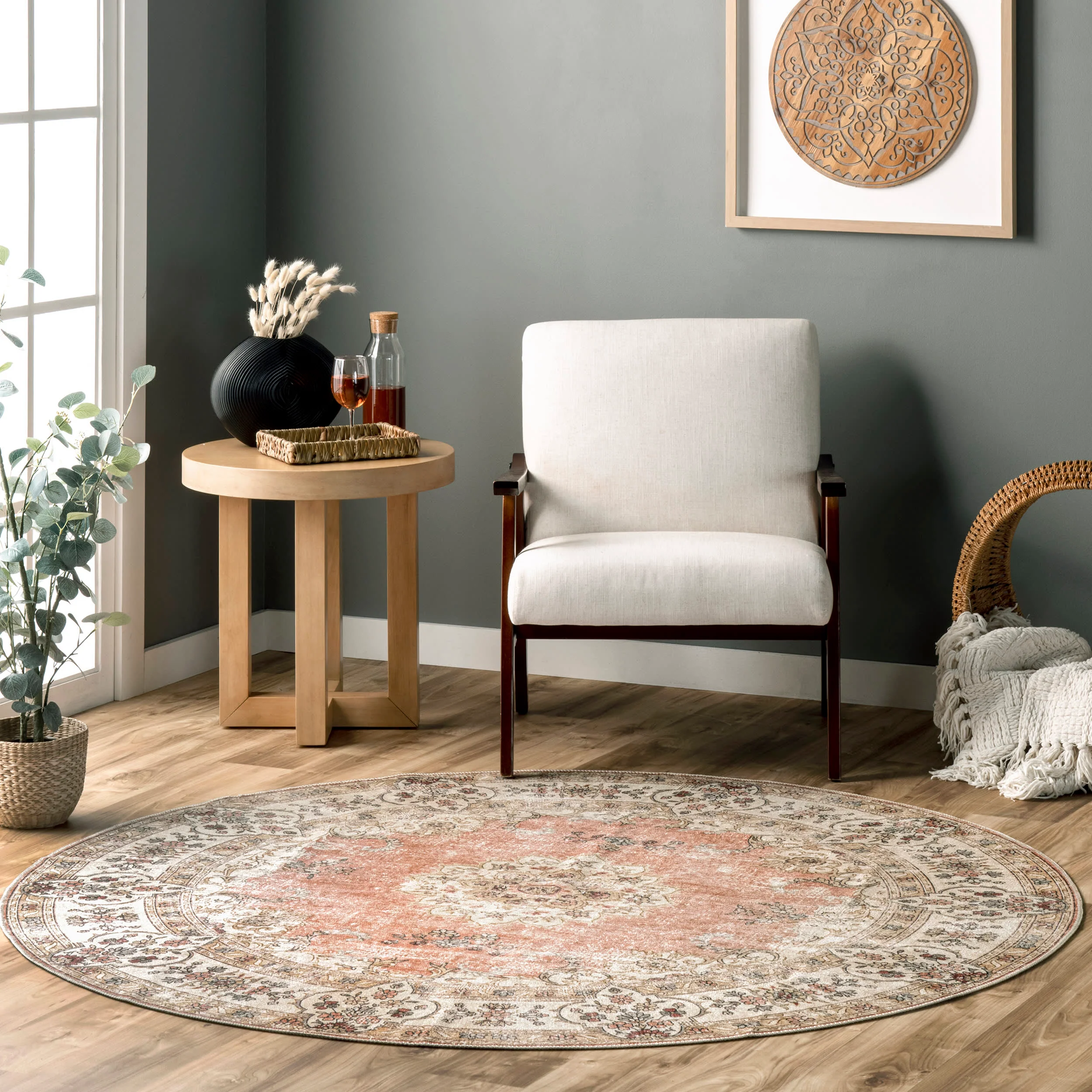 Rosette Medallion Washable Rug | Peach - Image 2
