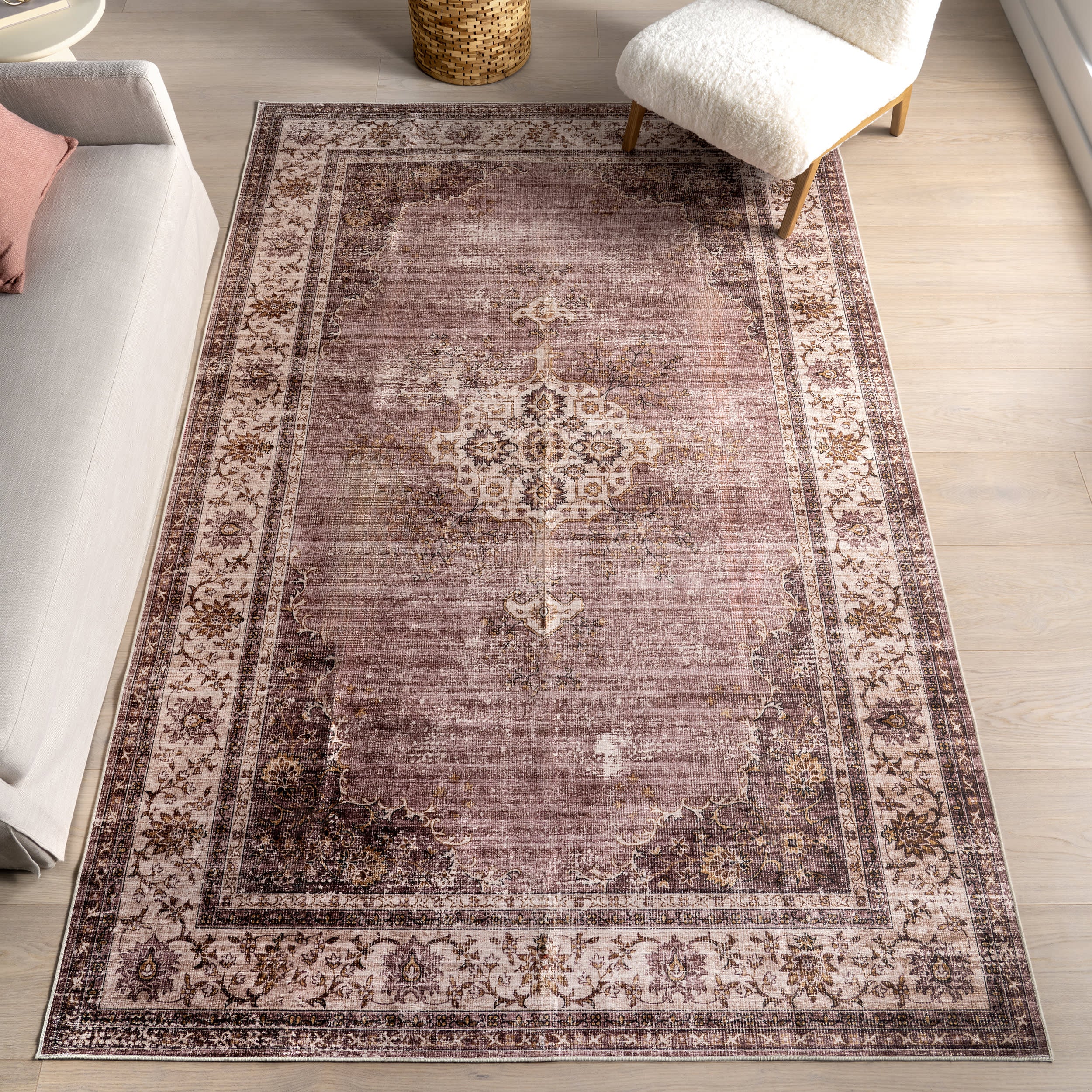 Rosewood Vintage Spill Proof Washable Rug | Blush - Image 2