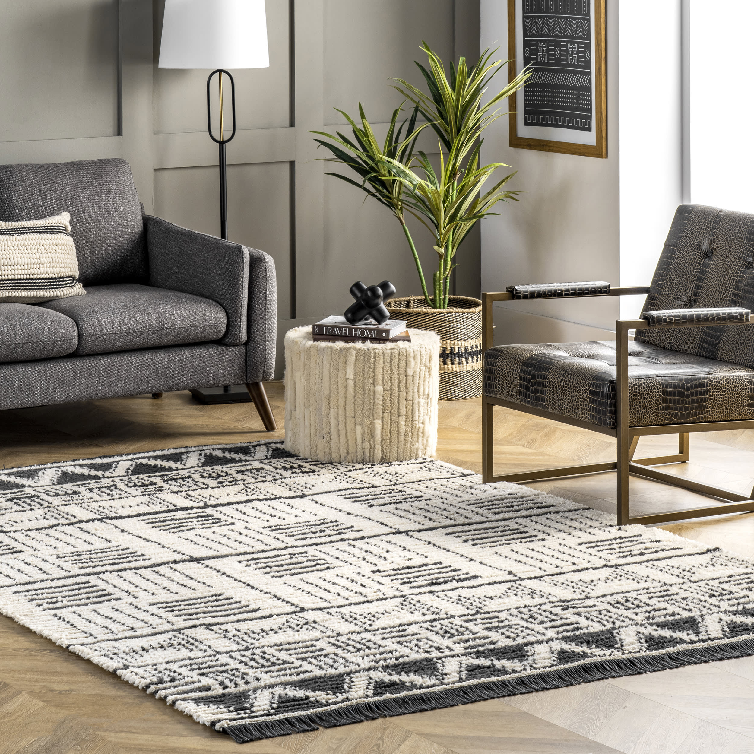 Runic Mural Tasseled Rug | Beige - Image 2