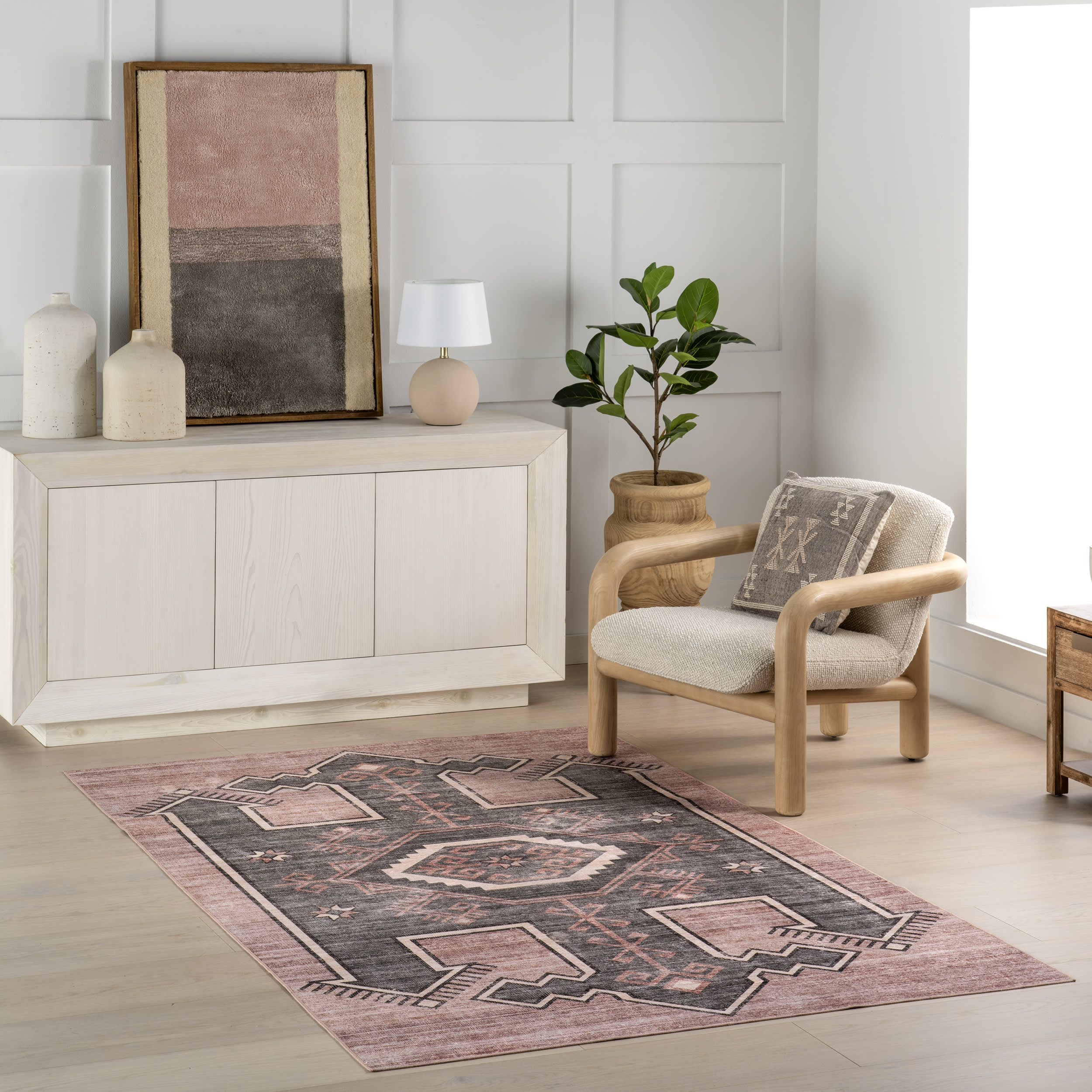Sagebrush Geometric Spill Proof Washable Rug | Blush - Image 2