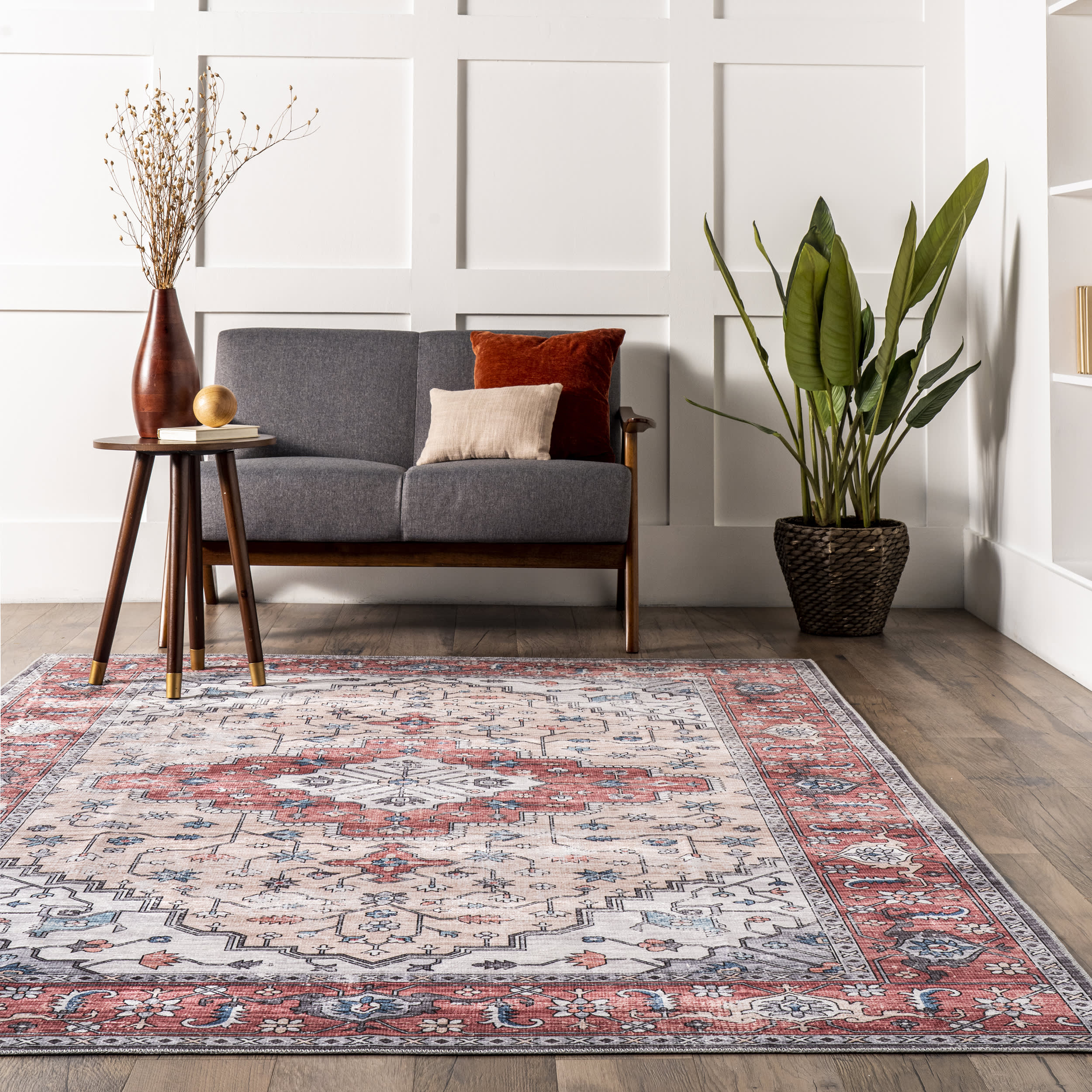 Sammie Vintage Medallion Washable Rug | Brick - Image 4