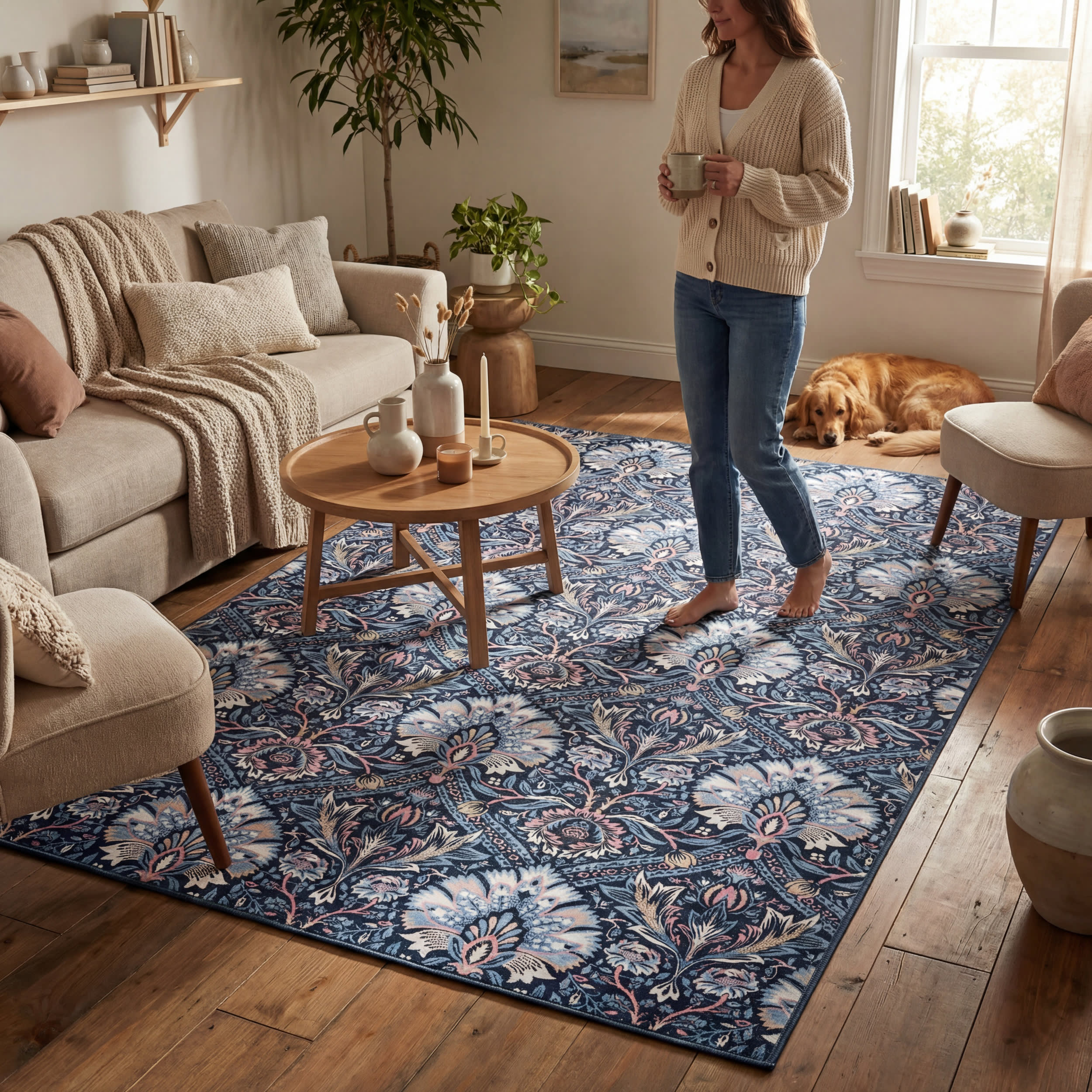 Sati Floral and Paisley Washable Rug | Dark Blue - Image 9
