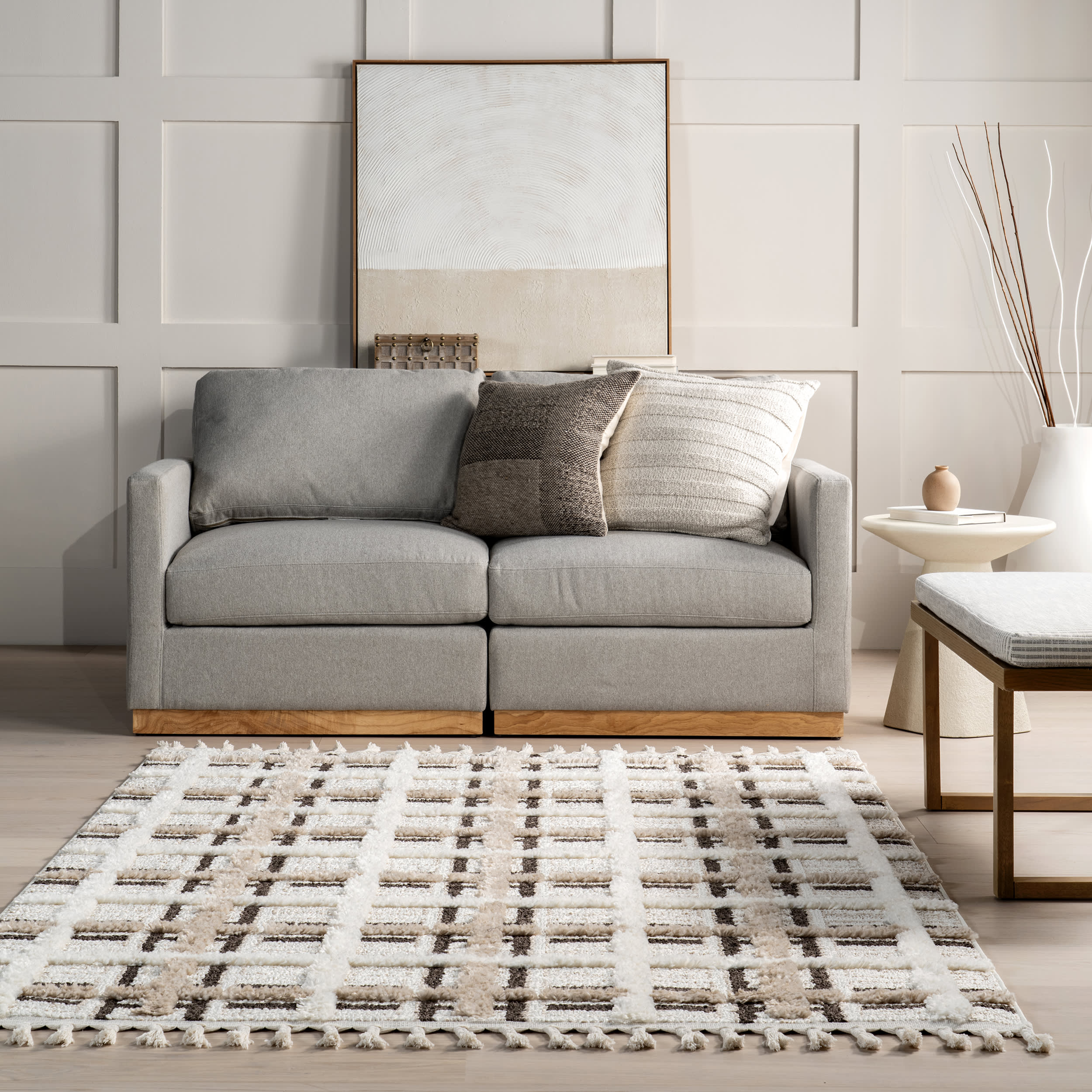 Scarletta Plaid Tasseled Rug | Ivory - Image 4