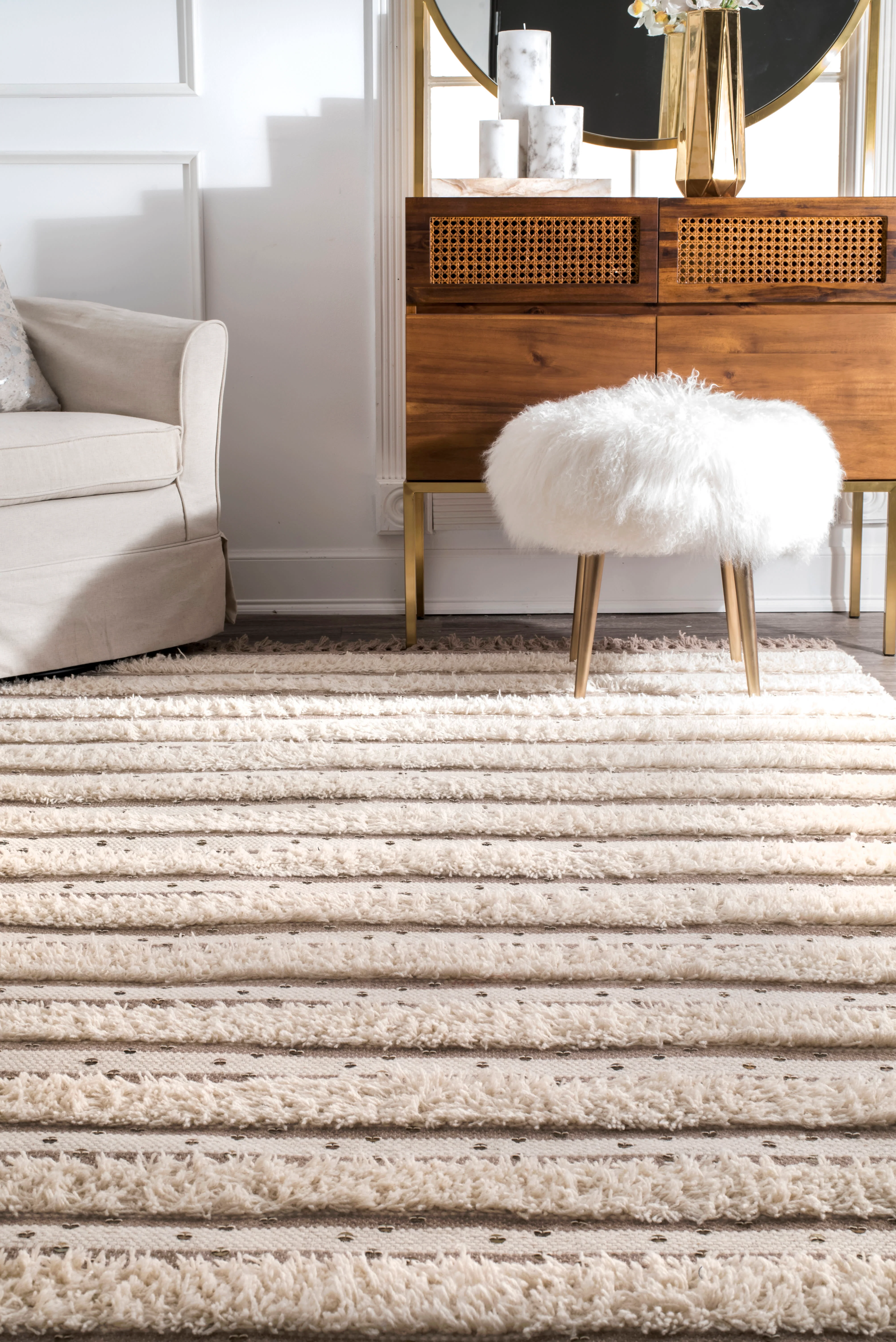 Sequined Solid Stripes Rug | Ivory - Image 4