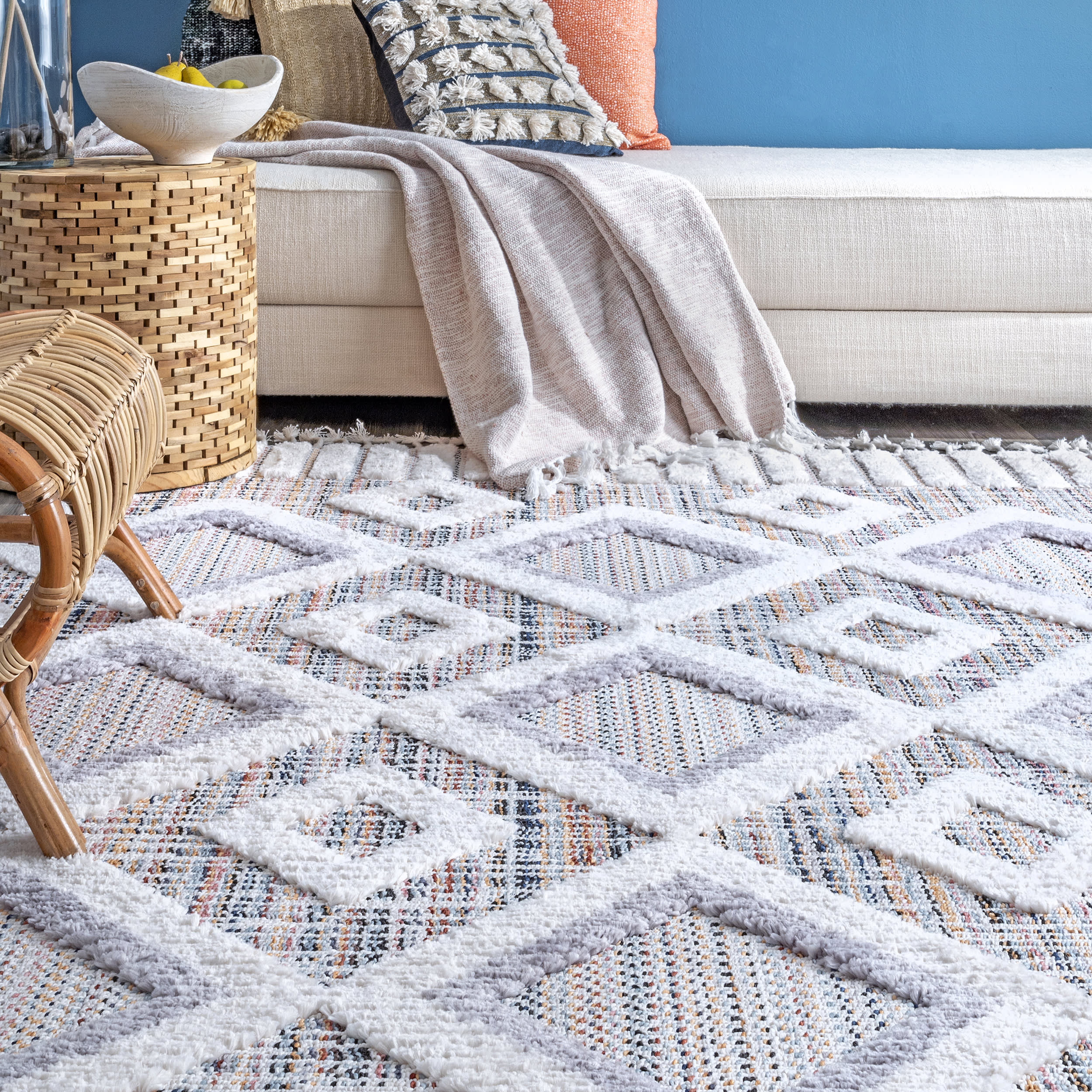 Shaggy Checkered Tiles Tassel Rug | Pink - Image 4