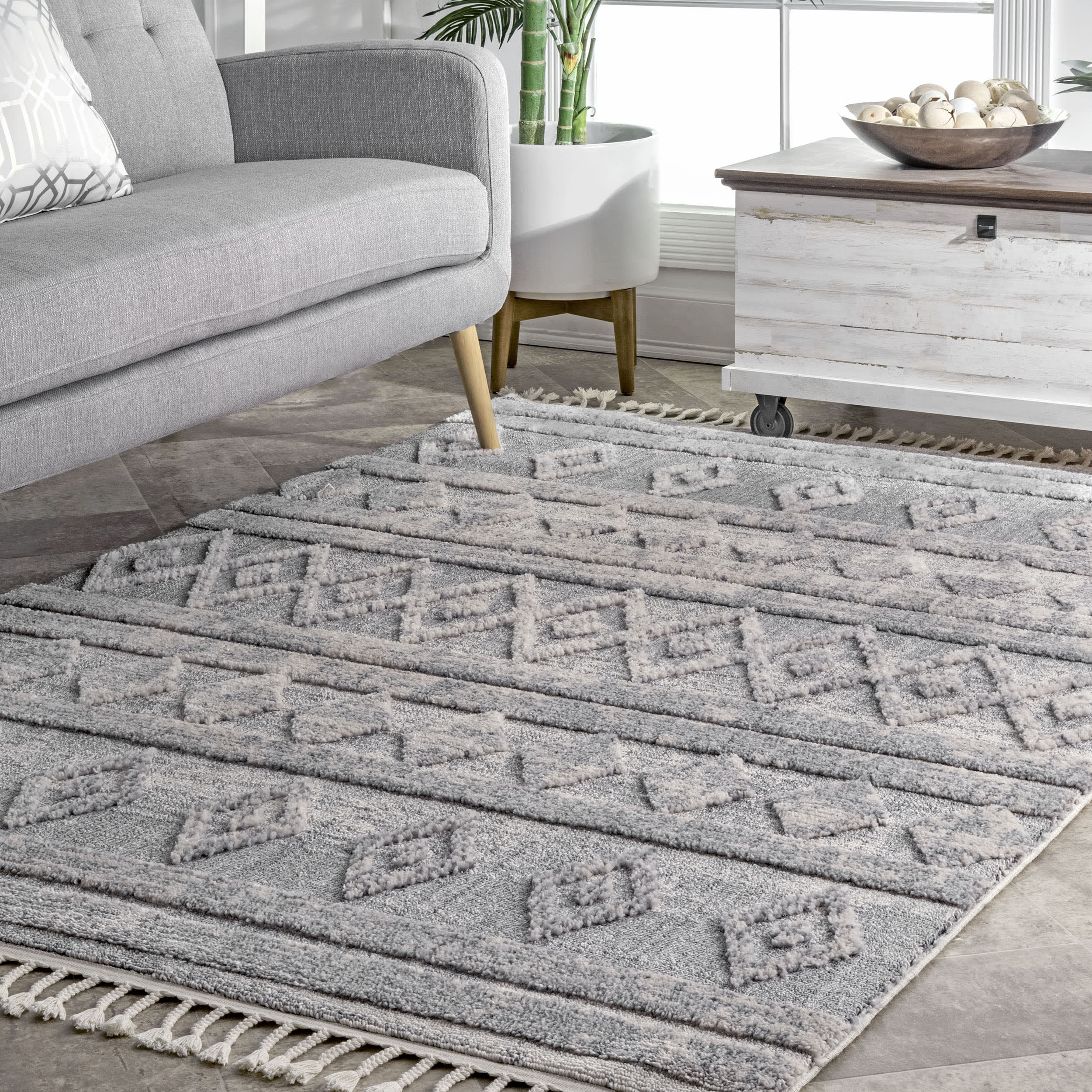 Shaggy Diamond Bands Tassel Rug | Grey - Image 2