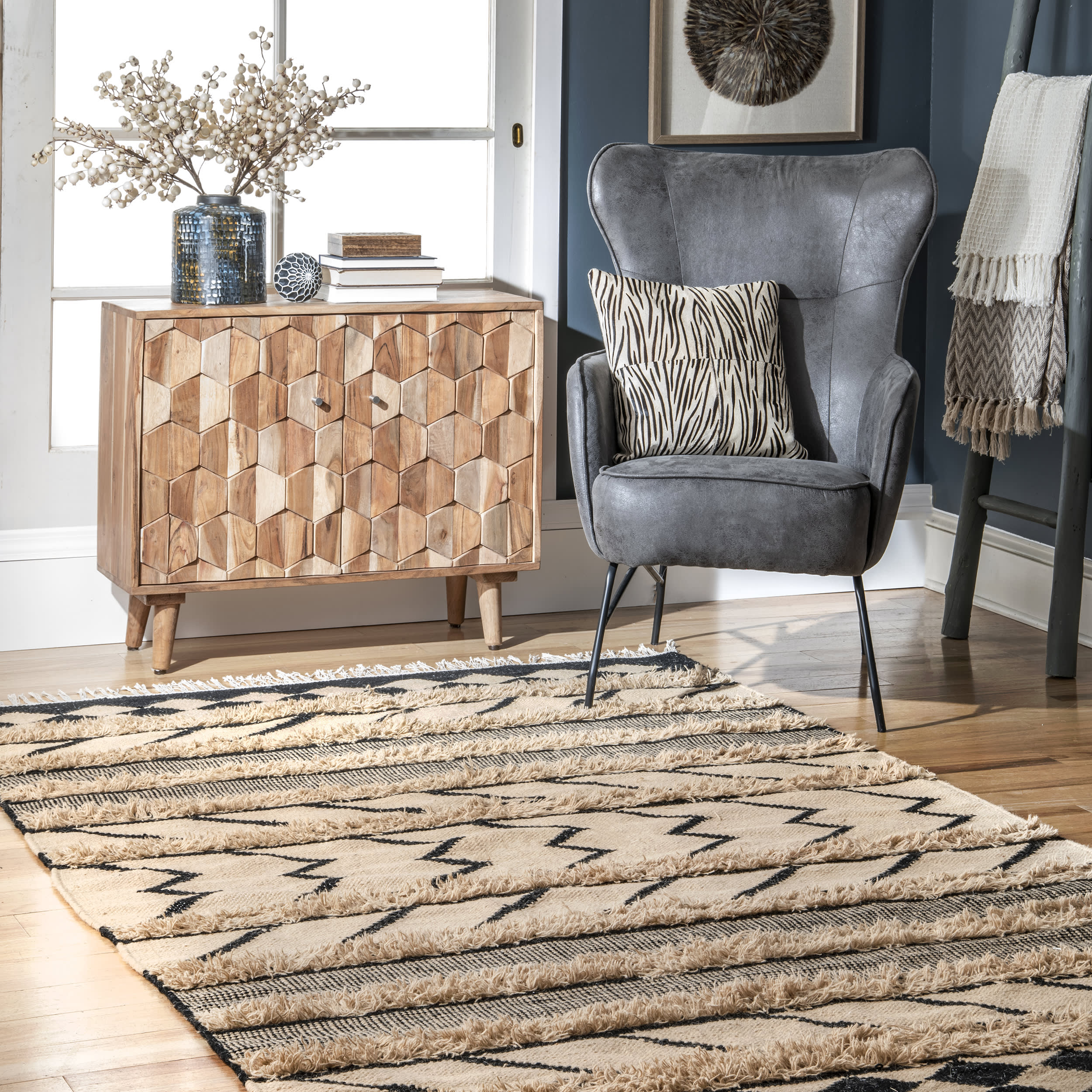 Shaggy Geometric Stripes Rug | Tan - Image 2