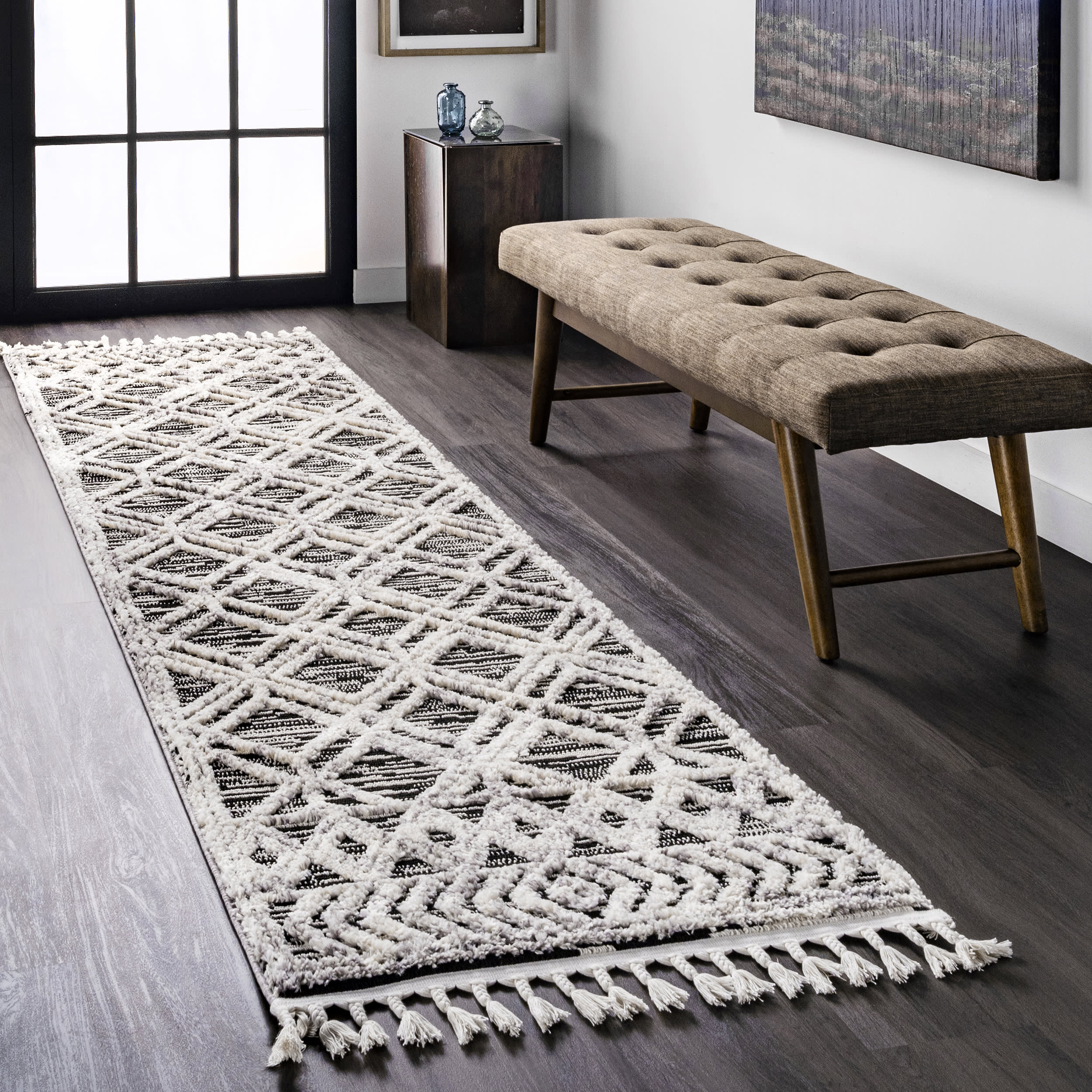 Shaggy Lattice Tassel Rug | Grey - Image 2