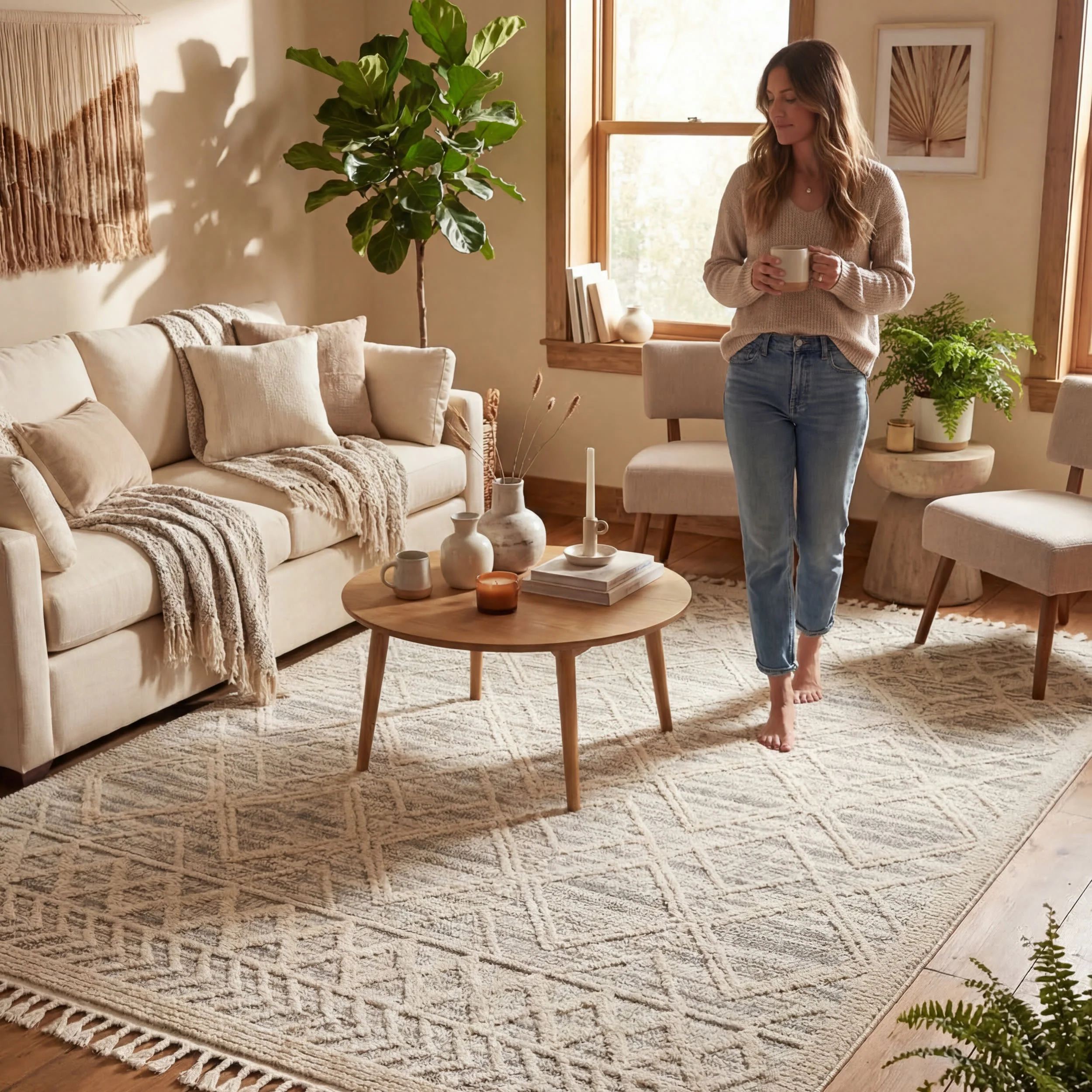 Shaggy Lattice Tassel Rug | Light Grey - Image 9