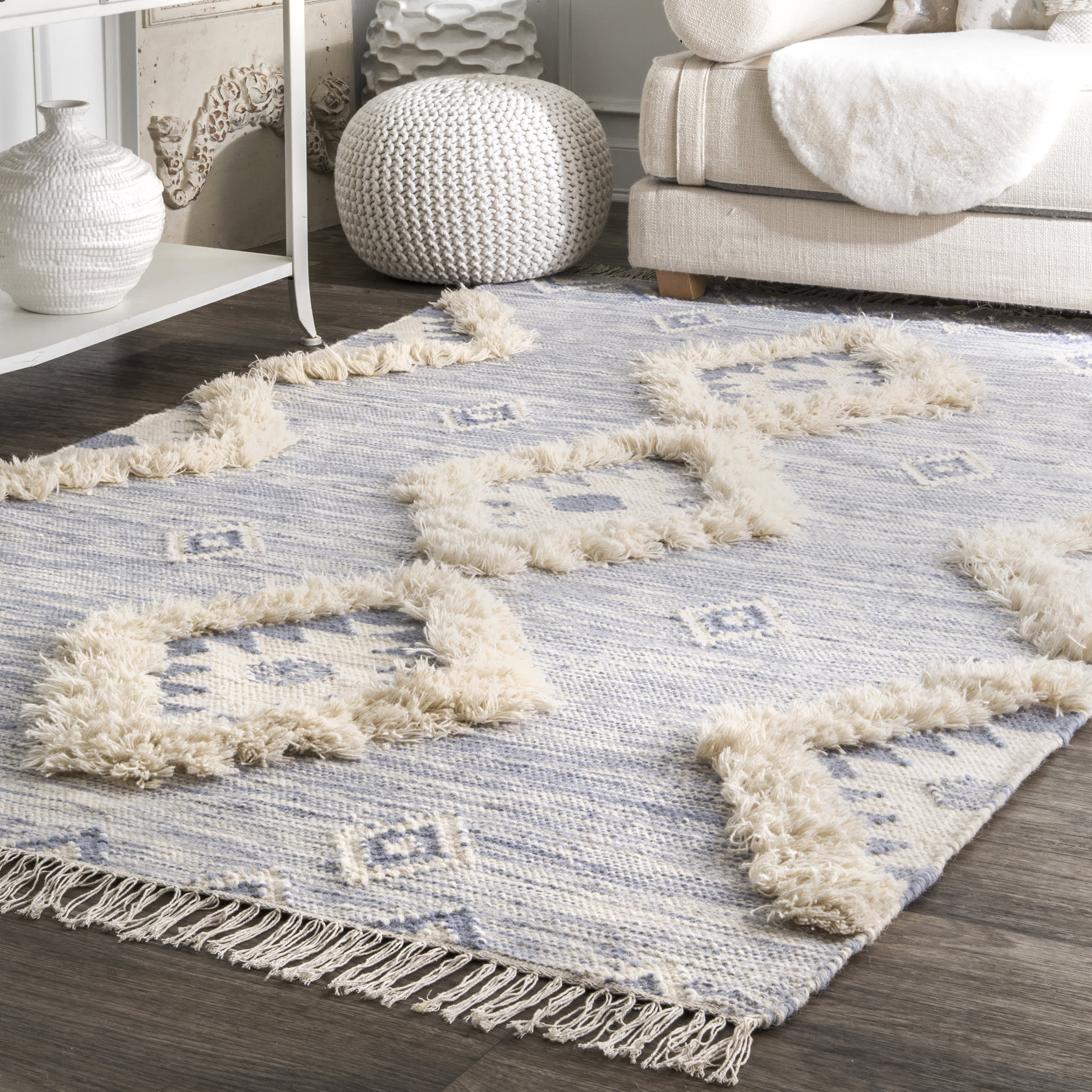 Shaggy Moroccan Lattice Fringe Rug | Blue - Image 2