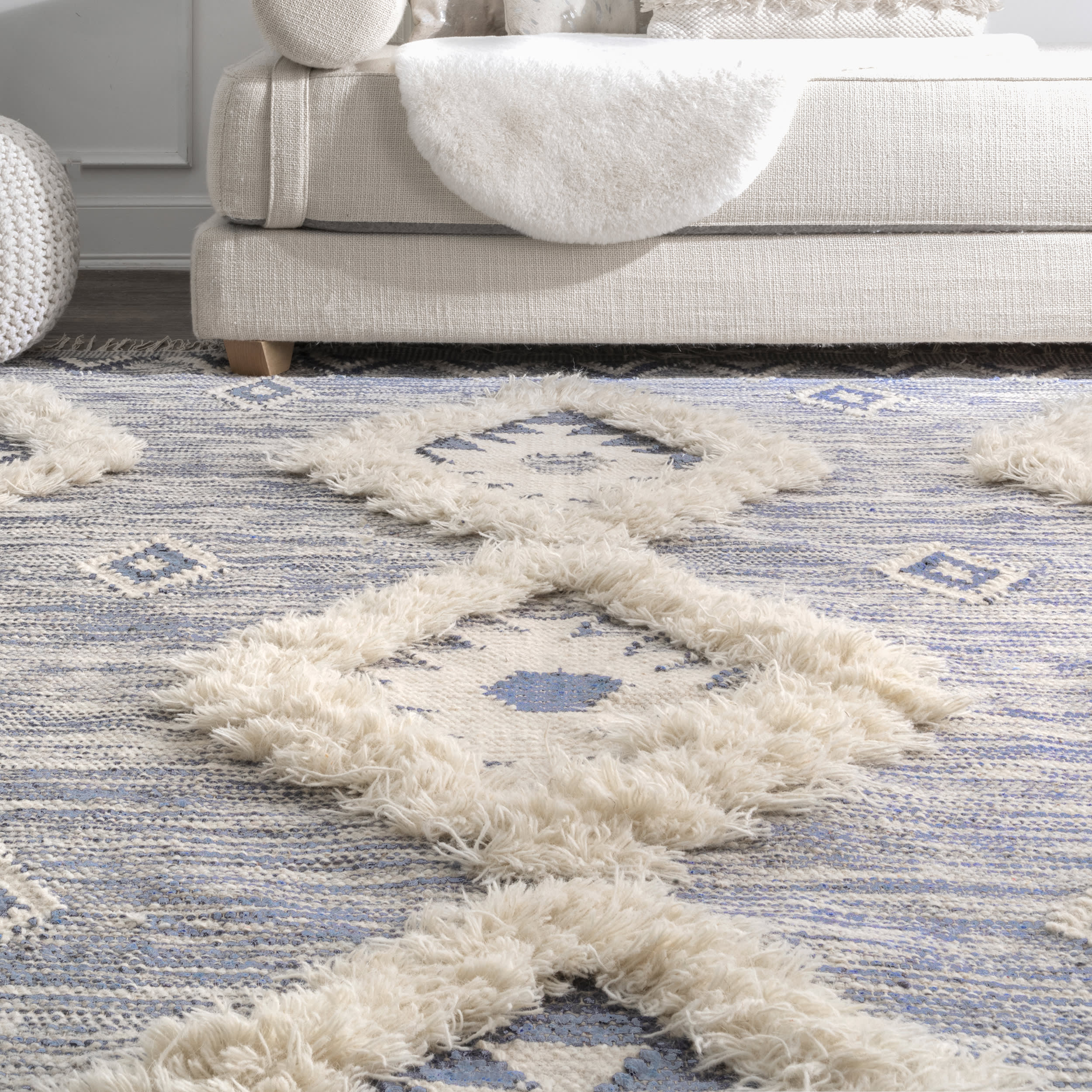 Shaggy Moroccan Lattice Fringe Rug | Blue - Image 4