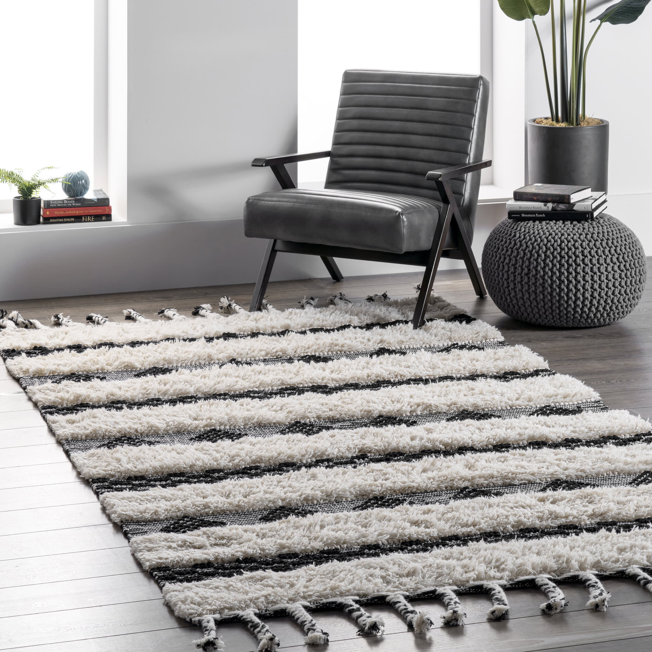 Shaggy Striped Texture Rug | Ivory - Image 2