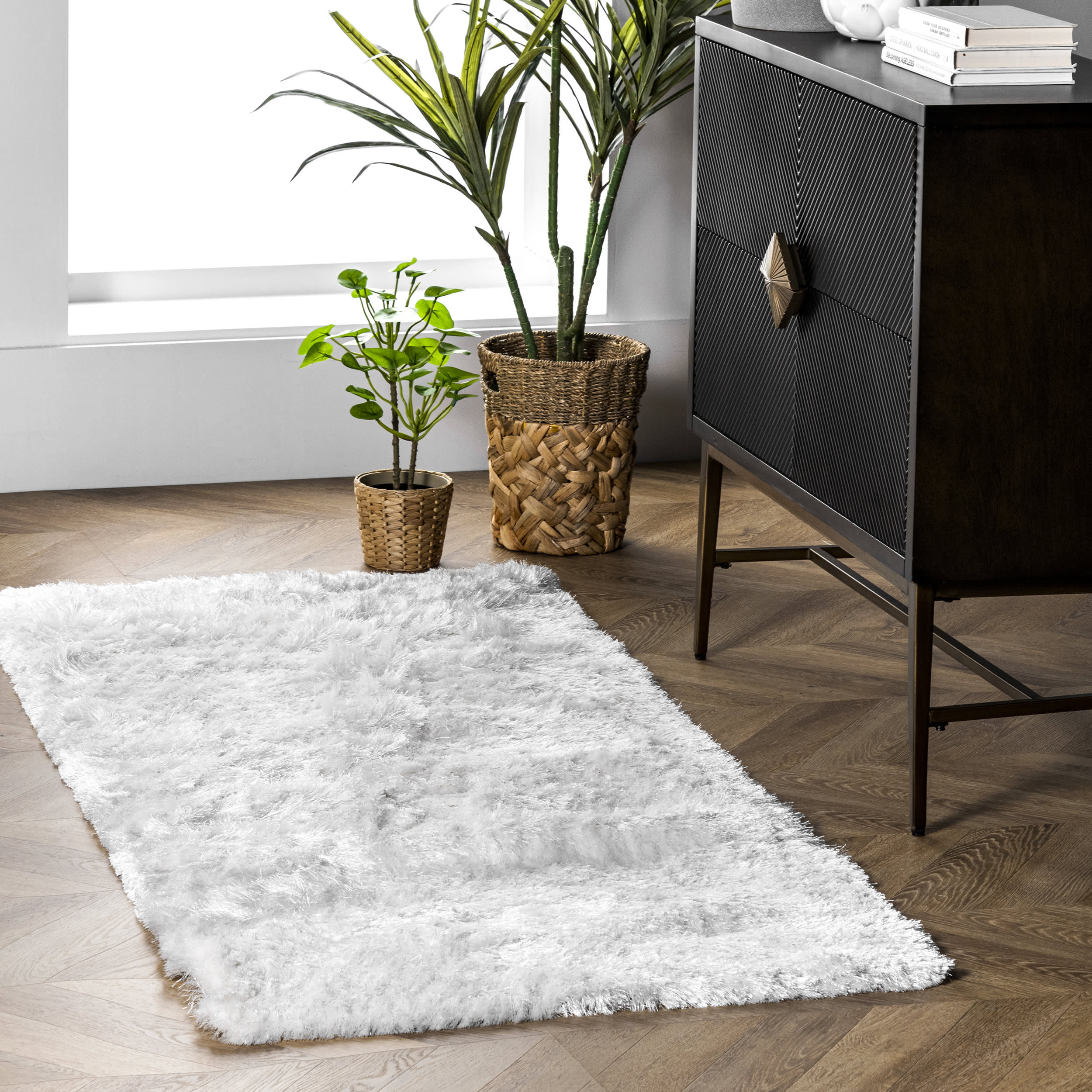 Silky Shine Solid Shag Rug | Pearl White - Image 2
