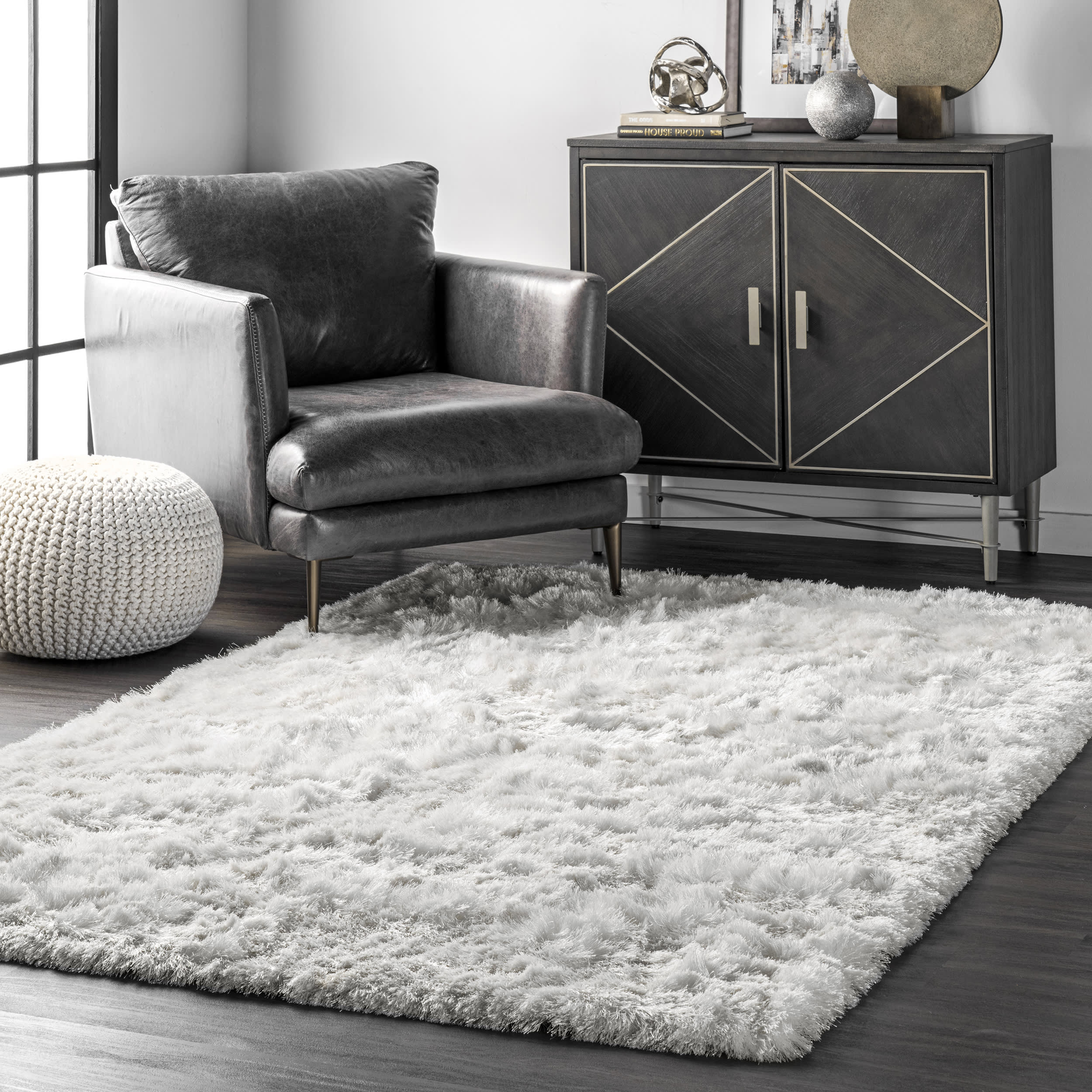 Silky Shine Solid Shag Rug | Pearl White - Image 2