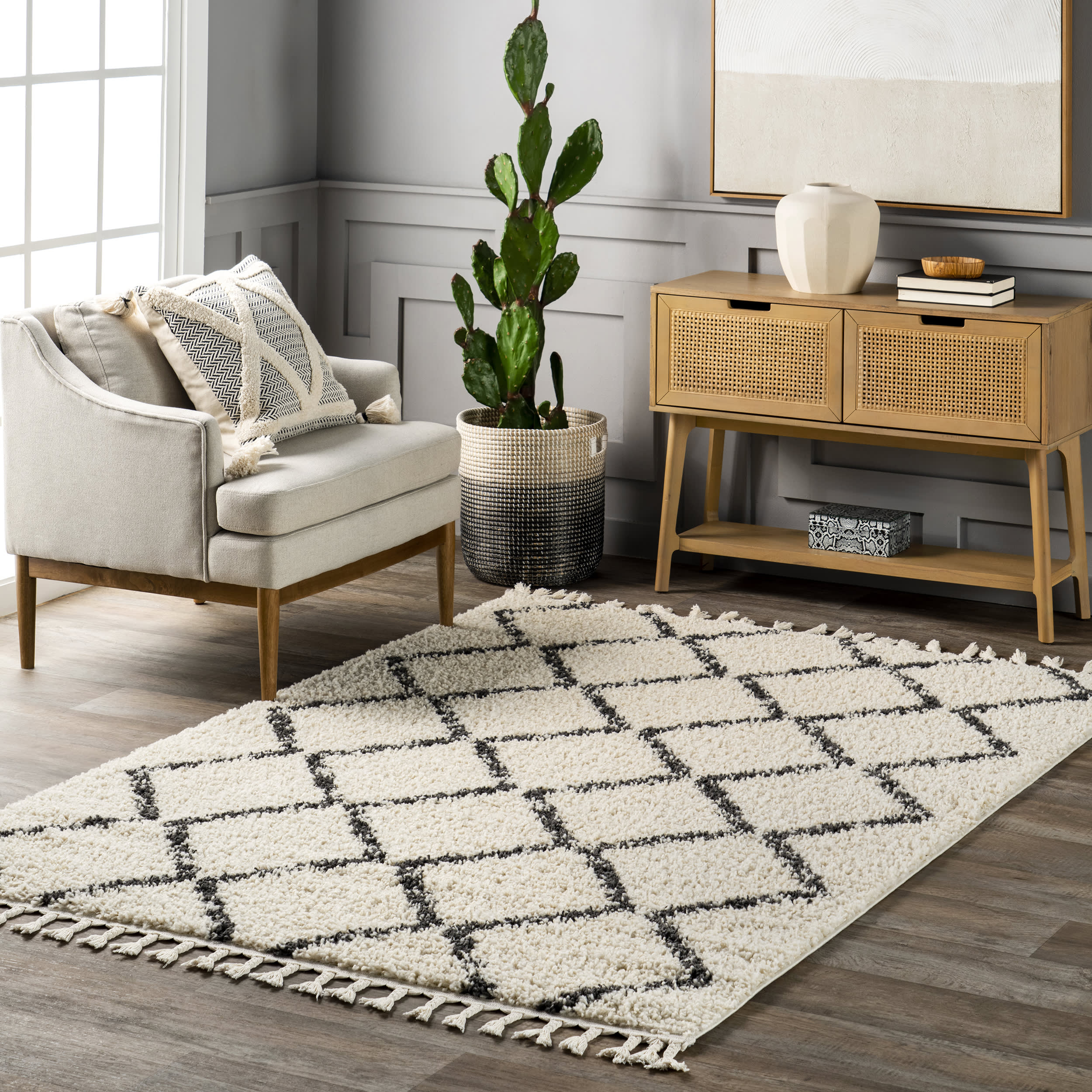 Simple Trellis With Braided Tassels Rug | Off White - Image 2