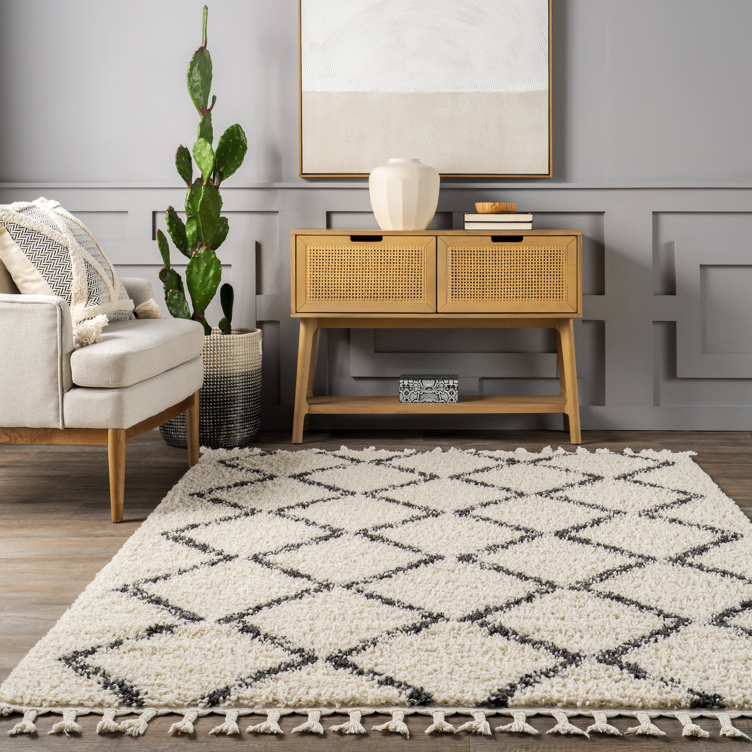 Simple Trellis With Braided Tassels Rug | Off White - Image 4