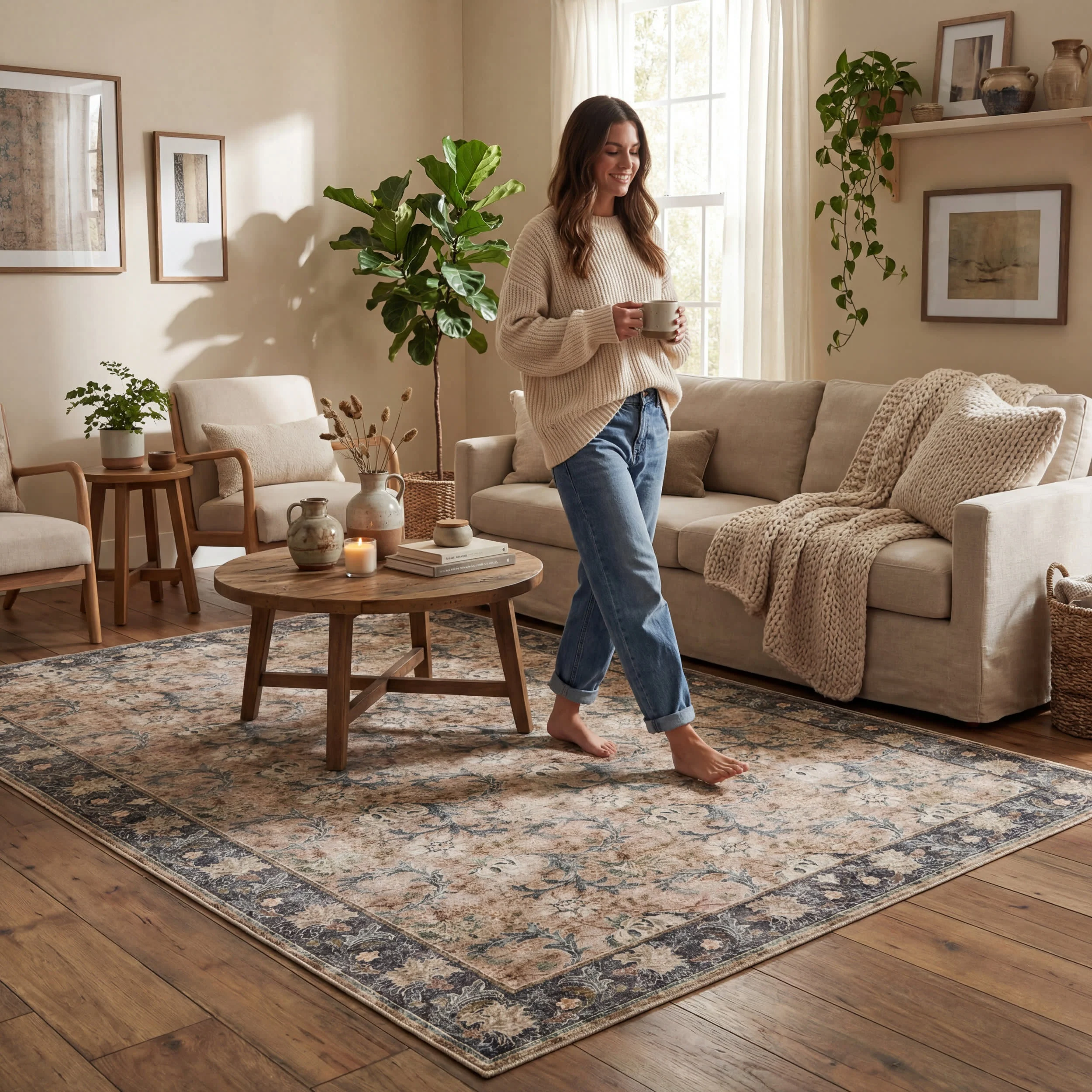 Sinikse Floral and Paisley Washable Rug | Beige - Image 9