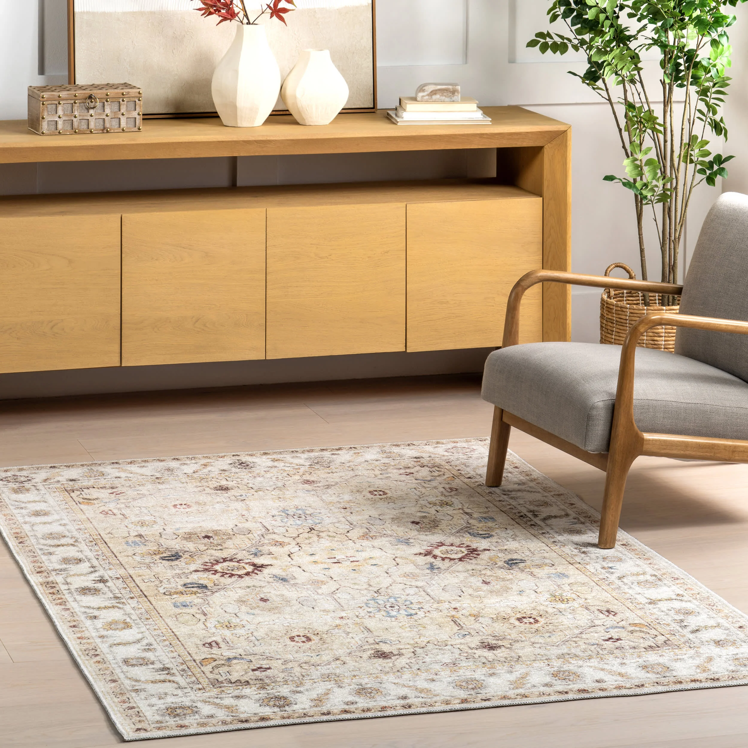 Sloan Vintage Floral Washable Rug | Beige - Image 2