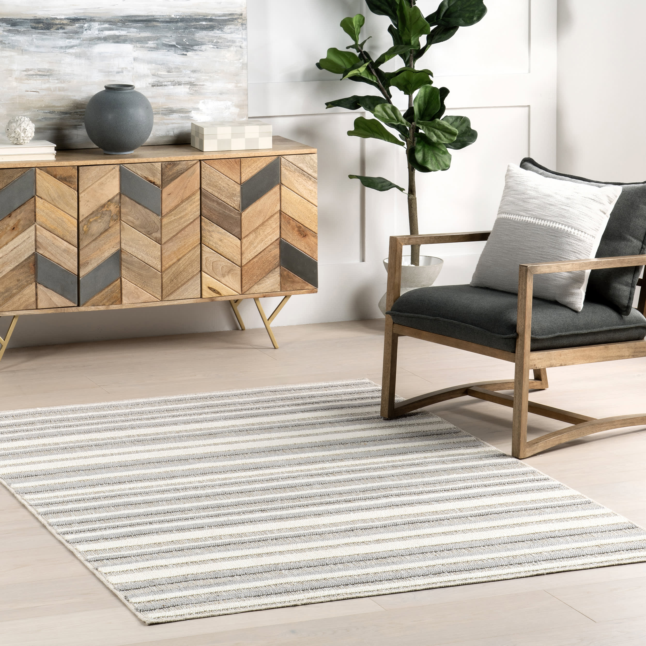 Sonja Striped Washable Rug | Light Grey - Image 2