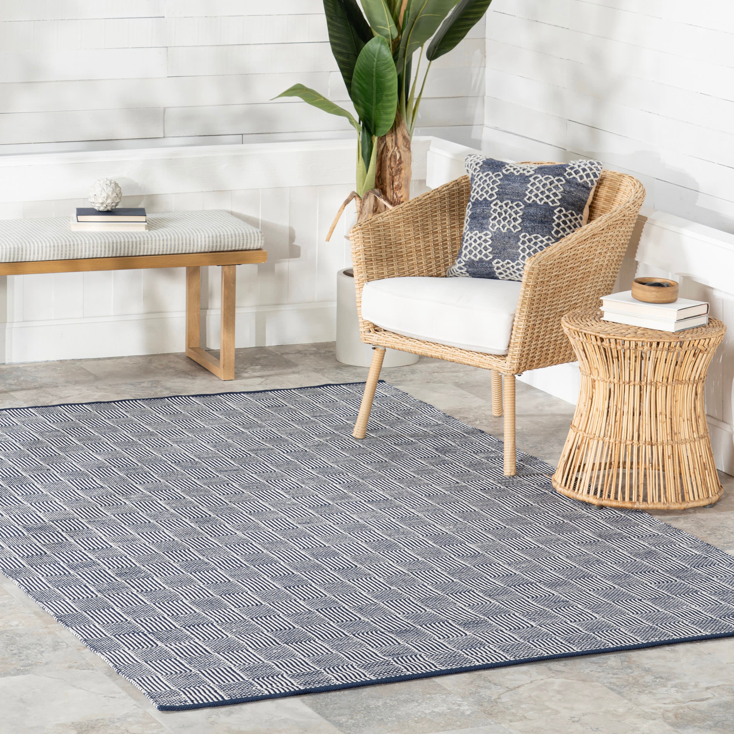 Squares Handwoven Indoor/Outdoor Rug | Blue - Image 2