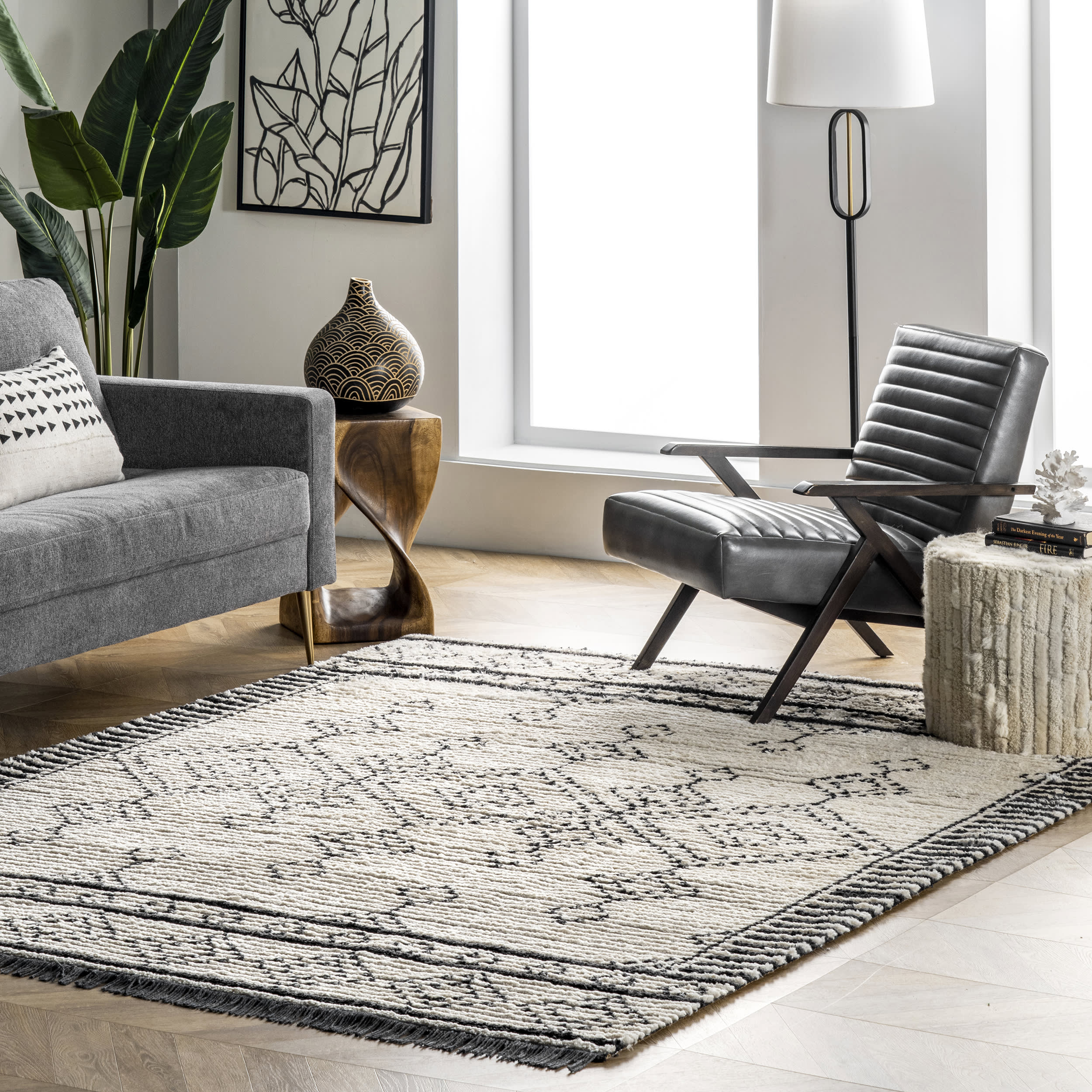 Stippled Diamonds Fringed Rug | Beige - Image 2