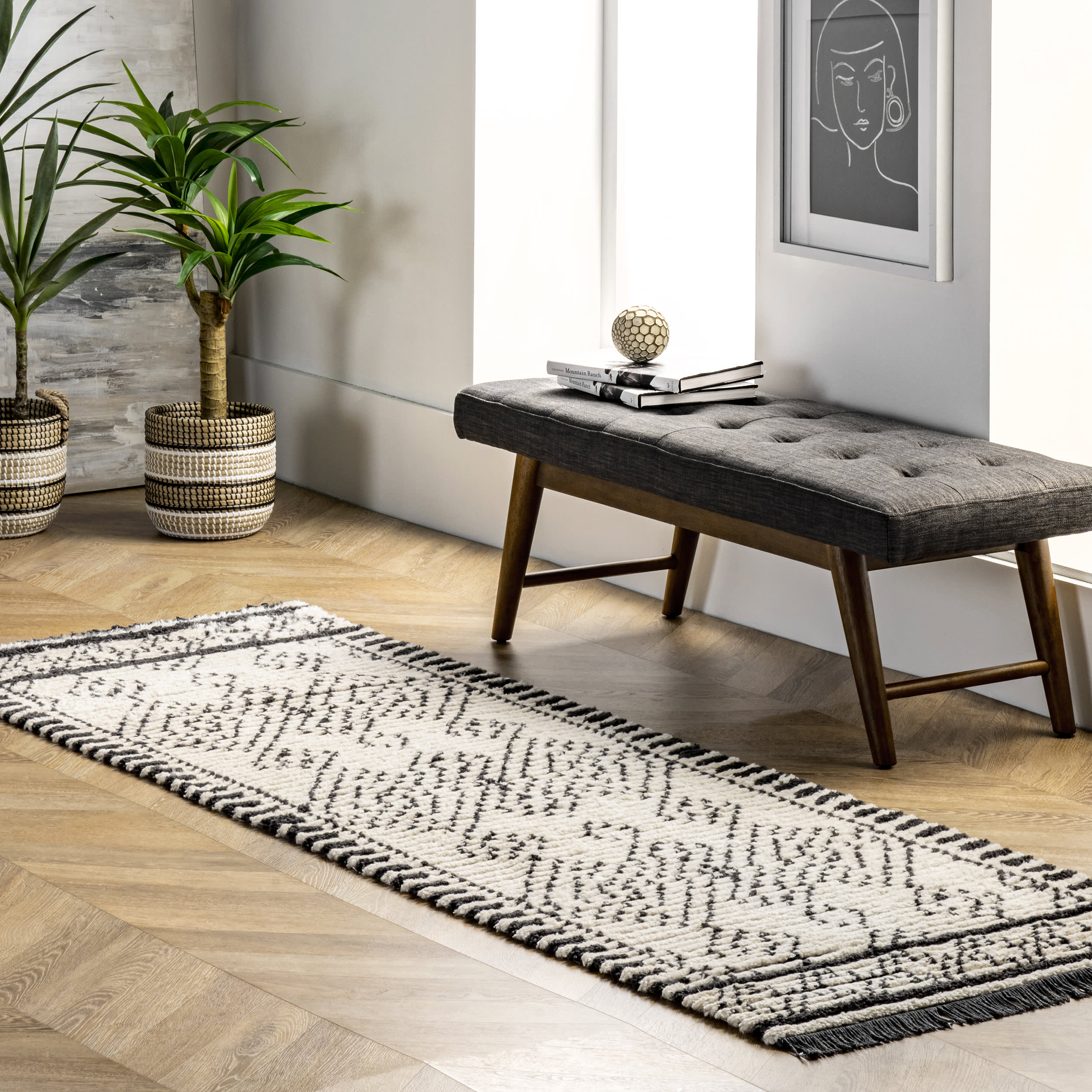 Stippled Diamonds Fringed Rug | Beige - Image 2