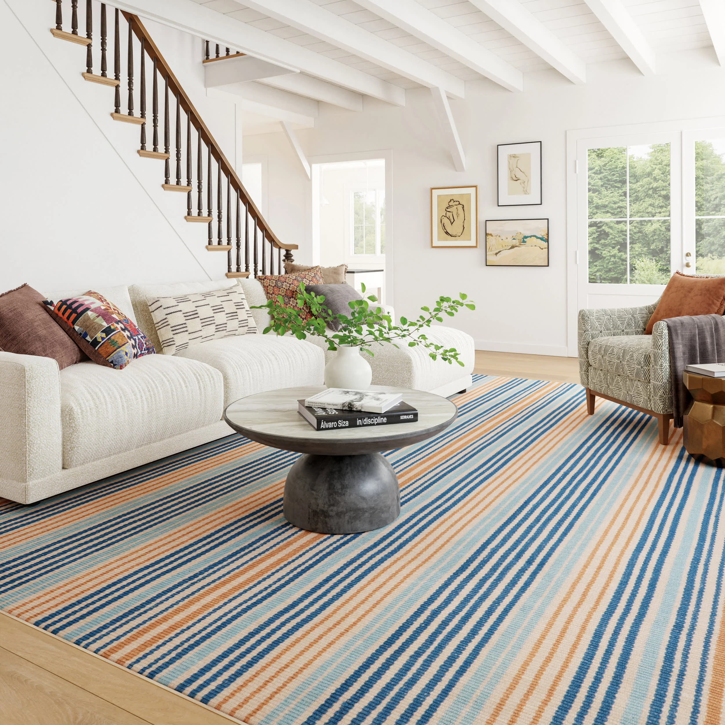 Stockholm Striped Machine Washable Rug | Blue - Image 2