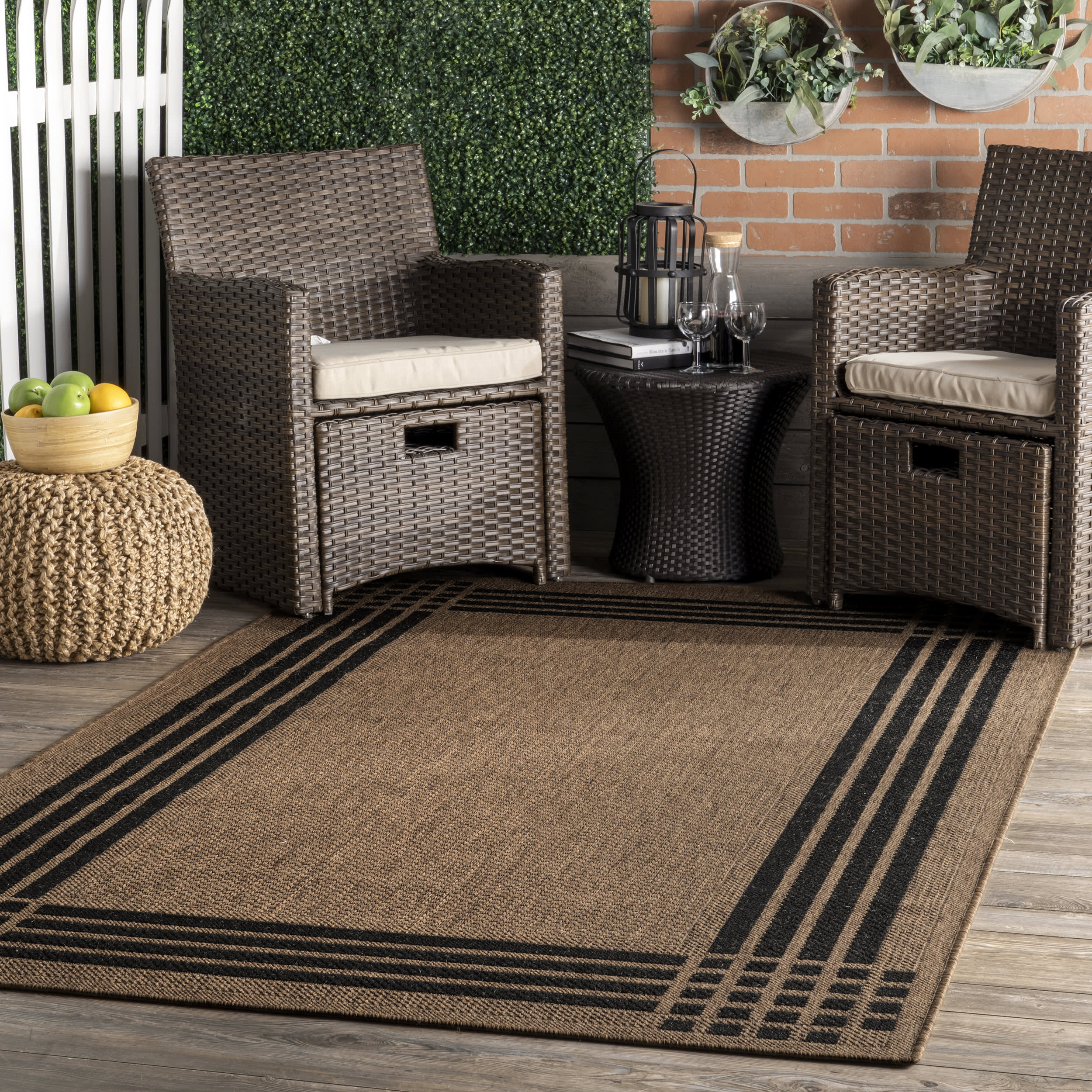 Striated Bordered Indoor/Outdoor Rug | Brown - Image 2