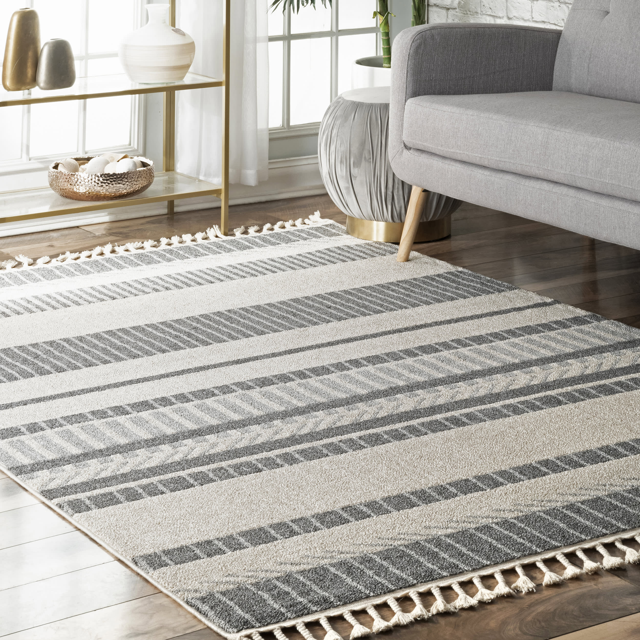 Striated Stripes Tassel Rug | Beige - Image 2