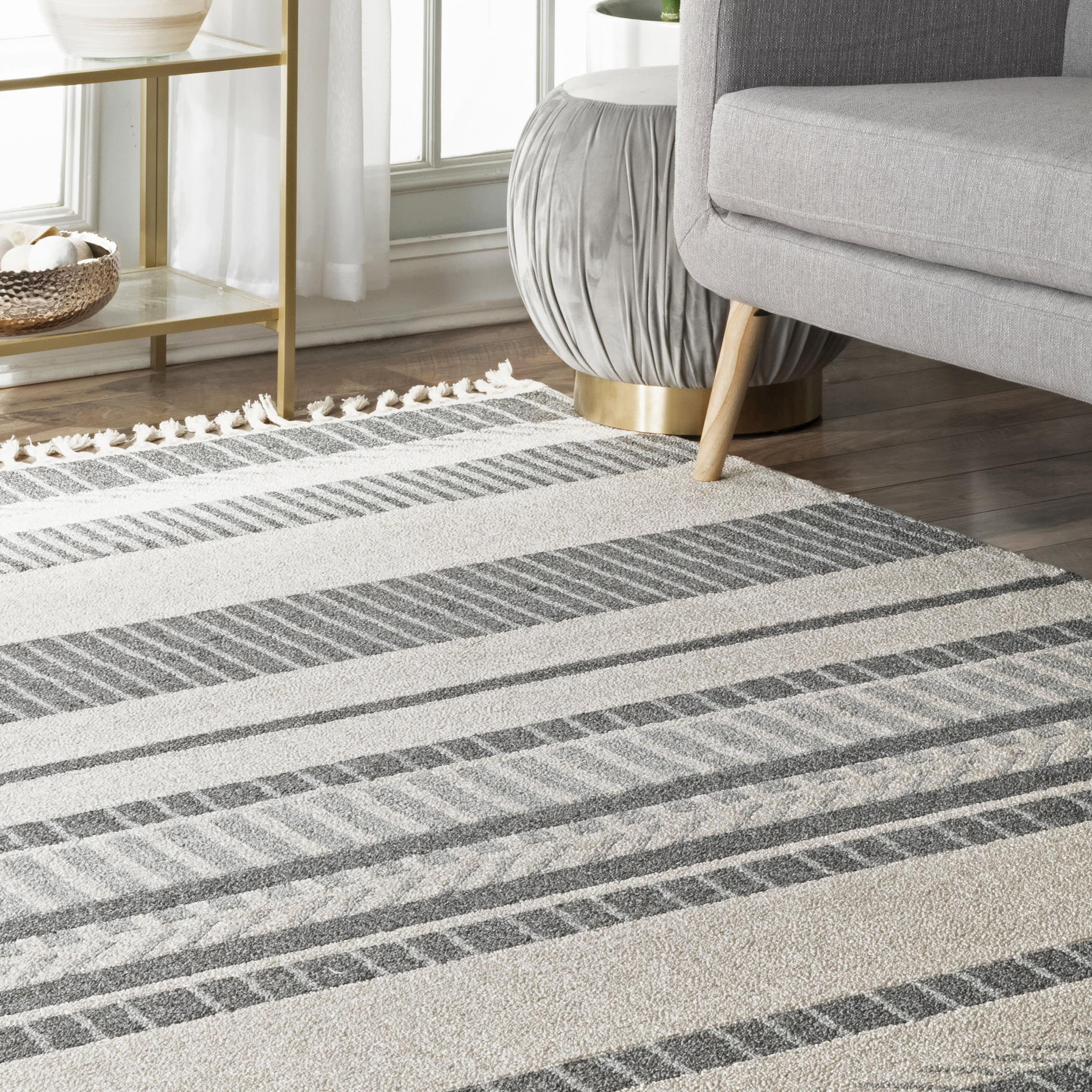 Striated Stripes Tassel Rug | Beige - Image 4